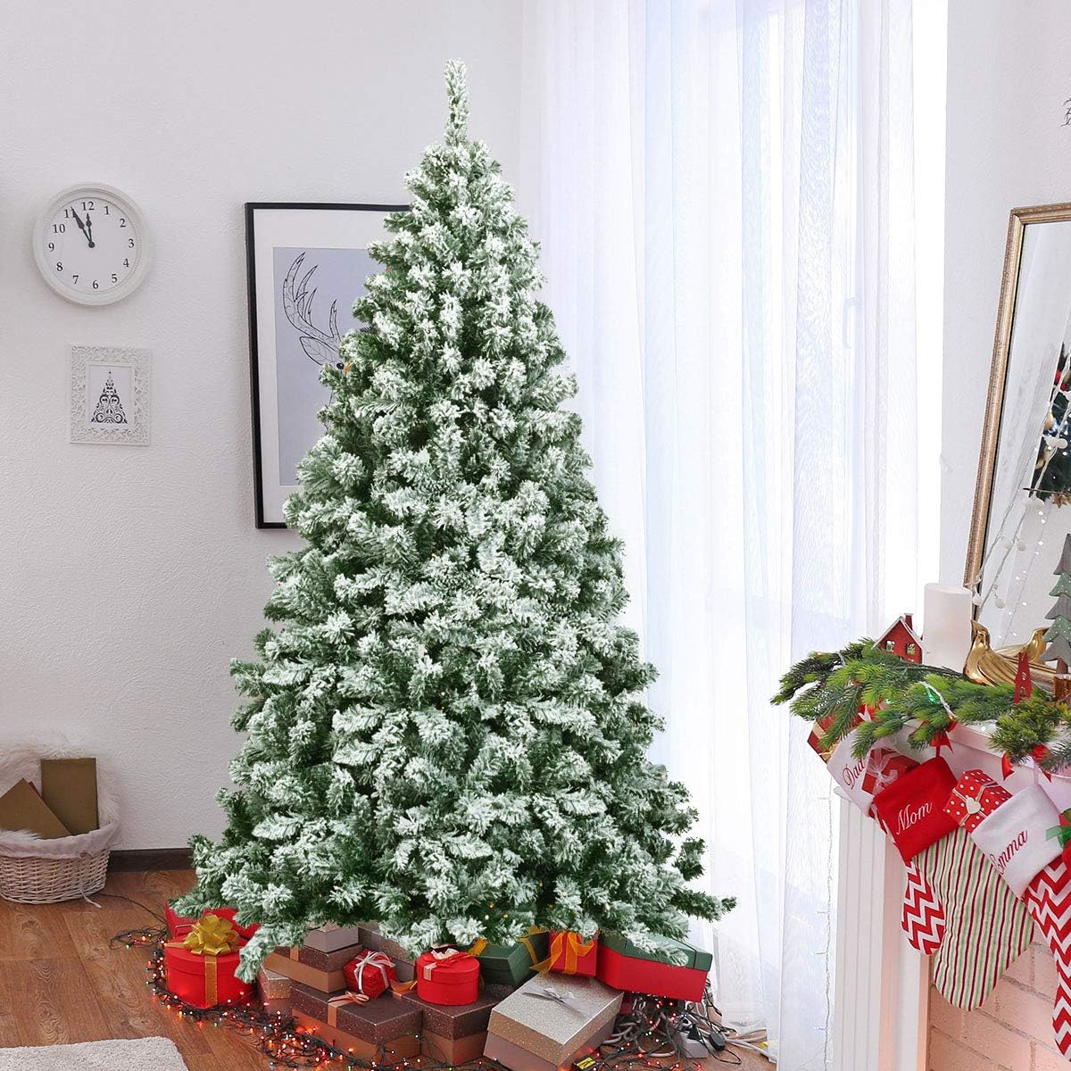 Image of 180 Cm Artificial Christmas Tree, Snow Flocked Hinged Pine Tree With Premium Pvc Needles & Solid Foldable Metal Stand, Xmas Full Tree With 928 Branch Tips For Home & Outdoor Decoration