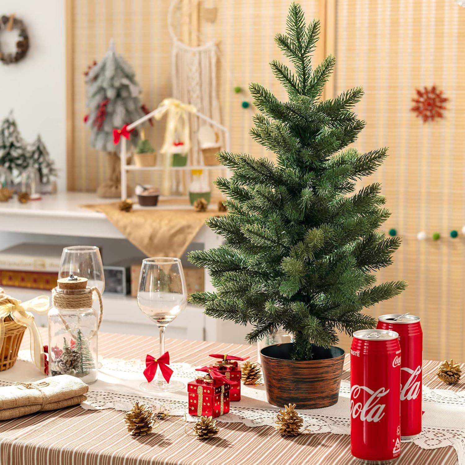Image of 60cm Tabletop Artificial Christmas Tree, Unlit Verdant Xmas Tree W/ 50 Branch Tips, Premium Pe Material & Retro Pot Base, Mini-sized Festival Decoration For Christmas Celebration