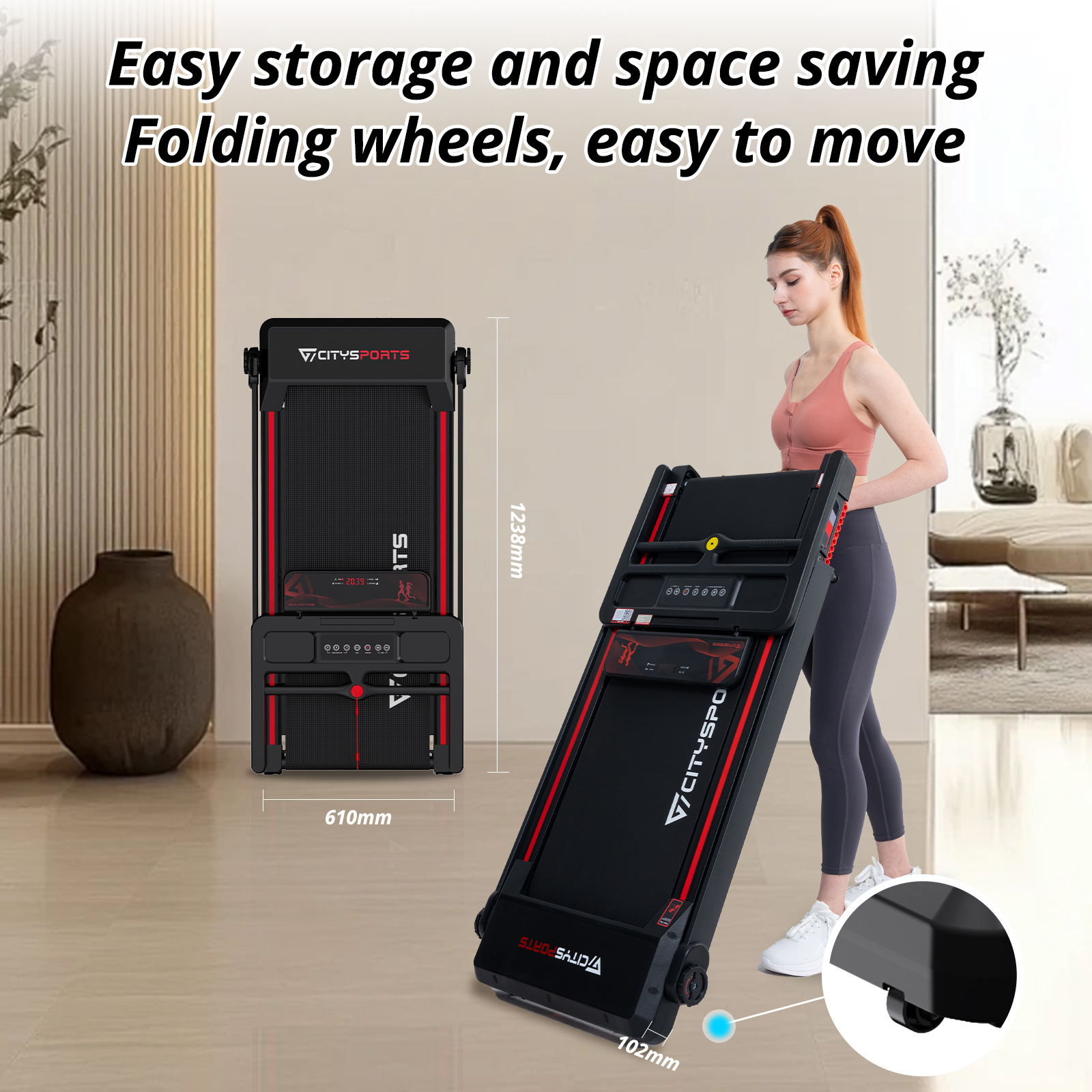 CITYSPORTS Folding Treadmill, Under Desk Walking Pad, Portable Treadmill for Home, 1-12km/h, 7.7% Incline, LED Display