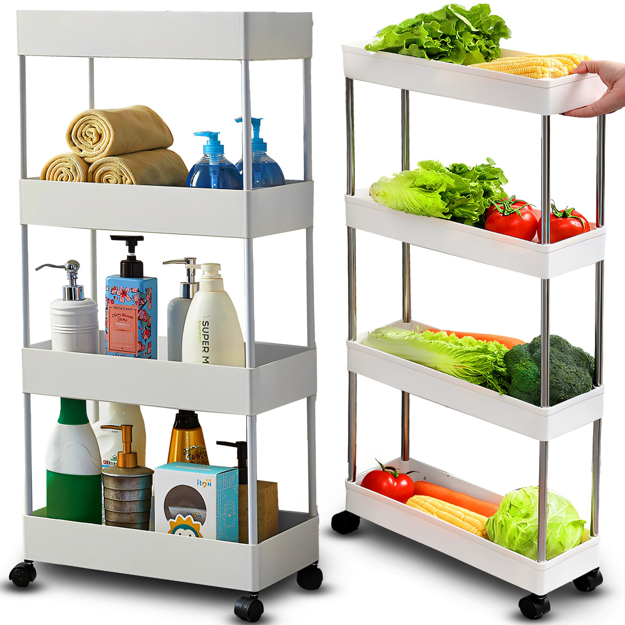 TEMU Chariot à 4 niveaux pour salle de bain et cuisine avec roulettes et crochets, étagère mobile étroite pour les cosmétiques, les serviettes, les