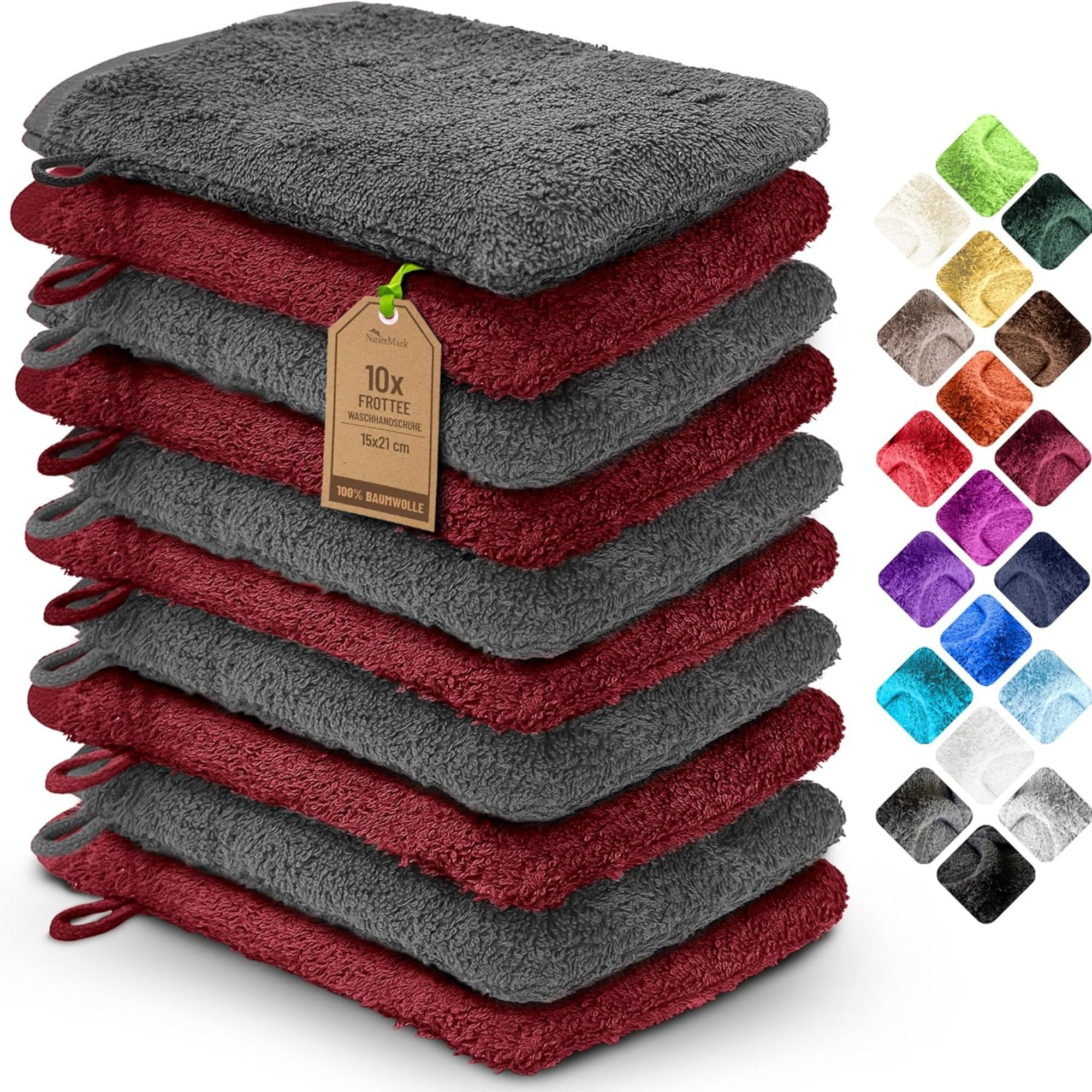 Image of Naturemark 10-piece Set Cotton Washcloth Color Set /burgundy, Home And Kitchen / Bath / Towels / Washcloths With Hanging Loop, Soft And Durable For The Skin
