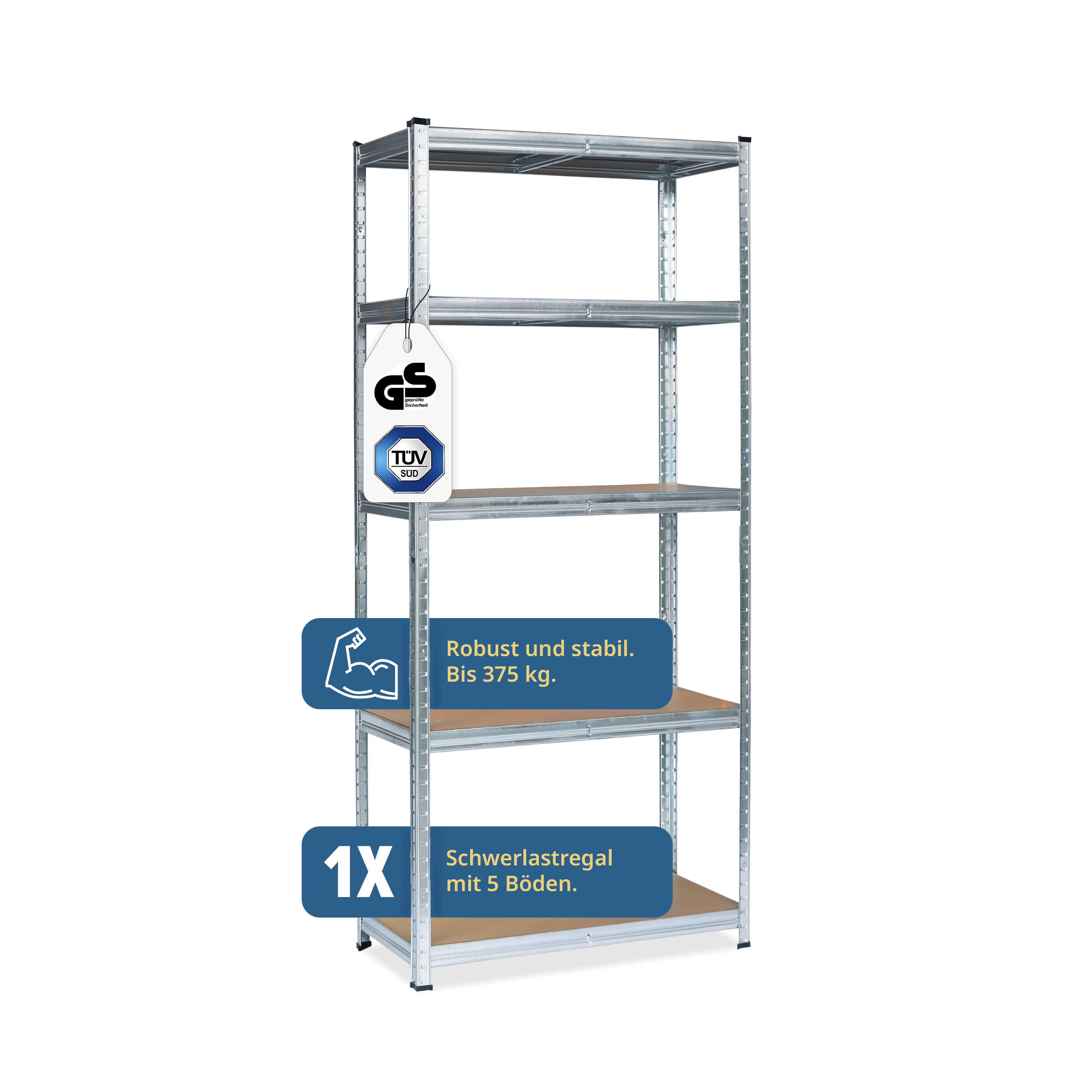 E-shop XL Schwerlastregal mit 5 Böden aus MDF, maximale Belastung 375 kg, abgerundete Ecken, 75x30x172 cm, Steckregal Lagerregal Kellerregal Regal