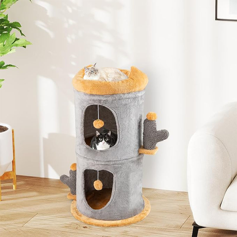 Image of 3 Storey Cat House, Cat Bed With Plush Hanger, Padded Niches, 2 Game Balls, 2 Caves, 2 Cactus Shaped Poles