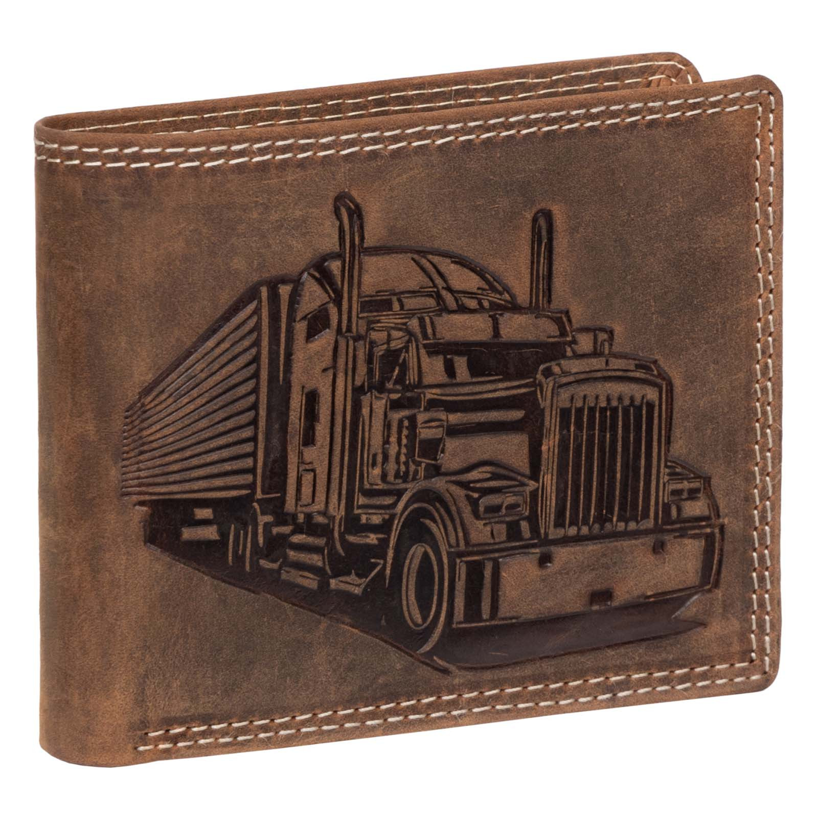 Rfid Buffalo Genuine Leather Men's Wallet With Embossed Truck/lkw Design In Tan, Landscape Format