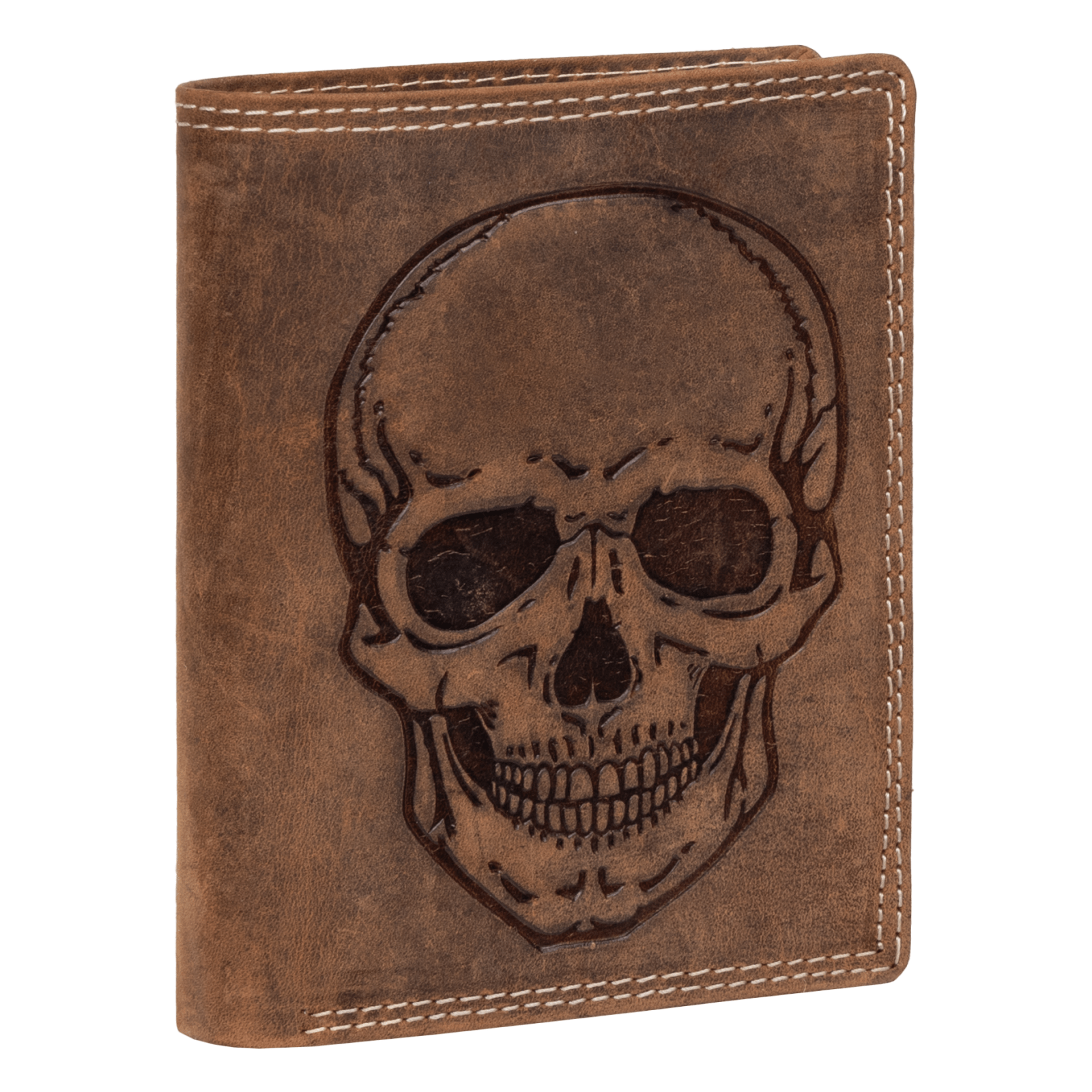 Rfid Buffalo Genuine Leather Men's Wallet With Embossed Skull Design In Tan, Portrait Orientation