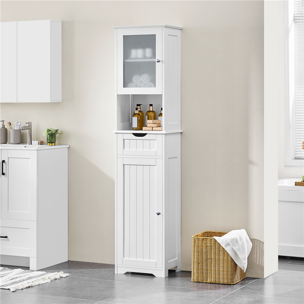 E-shop Costoffs Hochschrank Badezimmerschrank mit Schublade & 2 Türen Verstellbare Bretter Aufbewahrungsschrank für Badezimmer/Wohnzimmer/Küche
