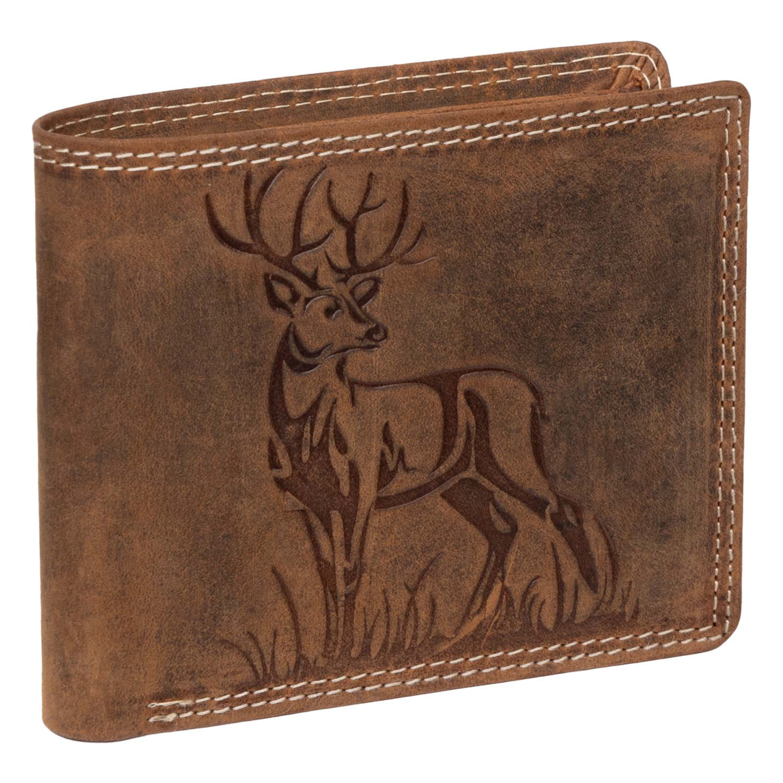Rfid Buffalo Genuine Leather Men's Wallet With Embossed Deer Motif, Tan, Landscape Format, 8 Card Slots And 4 Pockets