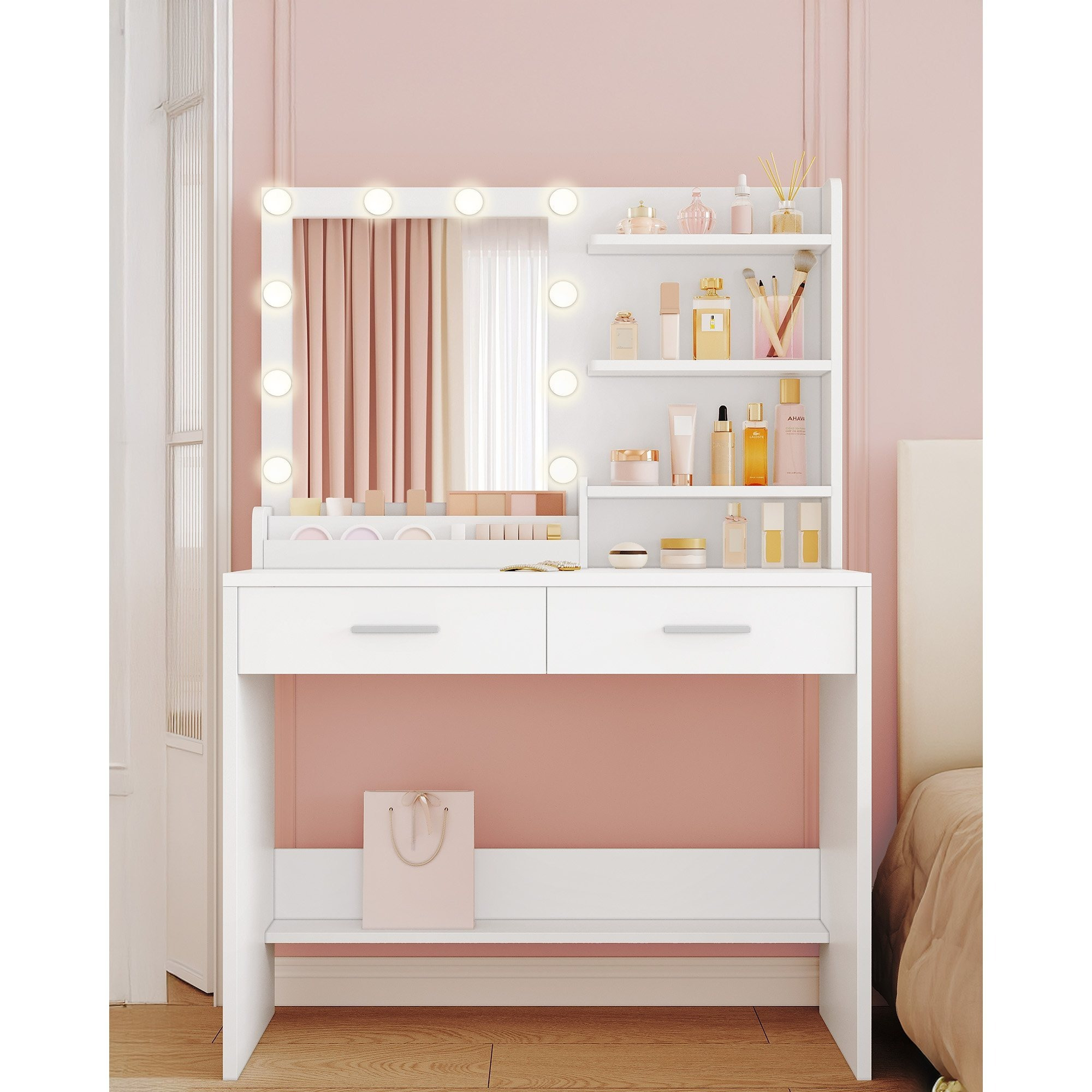 TEMU 90 Cm Vanity With Mirror, Vanity With Light, 3 Adjustable Brightness Levels, 2 Drawers, 4 Open Shelves, And 2 Compartments, Modern White Bedroom
