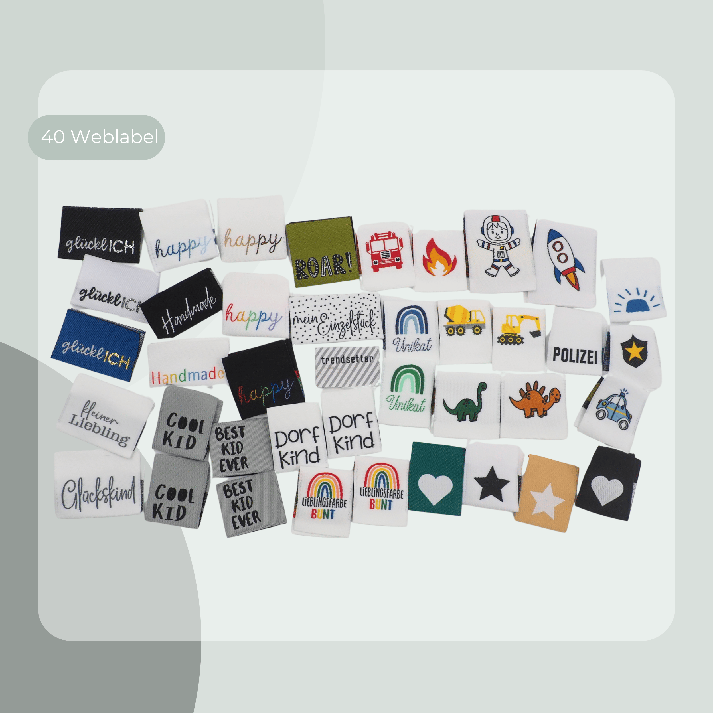 TEMU 40 Web Label Boys Set - Woven Labels For Sewing With Like Dinosaurs, Excavators, Fire , Police, Astronaut, Rocket, Stars, Hearts, And More -