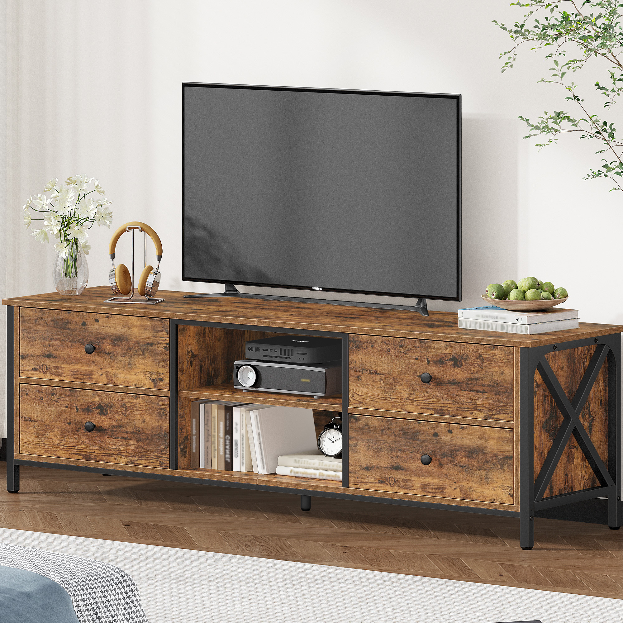 E-shop TV-Schrank mit 4 Schubladen, TV-Ständer für TV-Geräte unter 65 Zoll, mit 2 offenen Fächern, 40 x 147 x 50 cm, Fehsehschrank für Wohnzimmer,