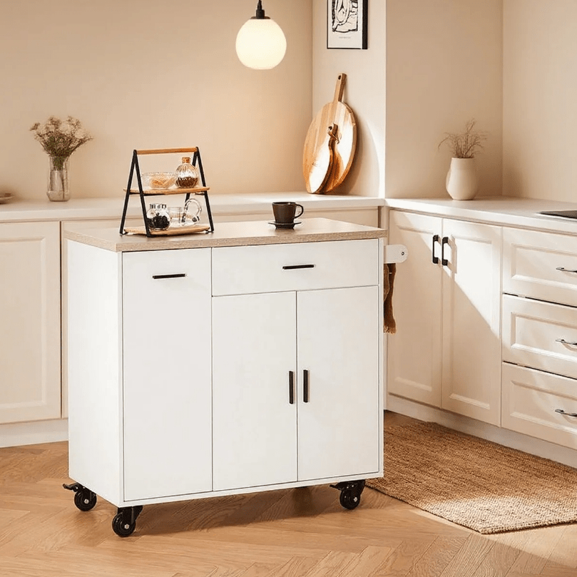 Image of 1pc Kitchen Cart With Wheels Service Cart Buffet Cabinet With 2 Drawers, 2 Doors, Towel Rack, 105x46x92 Cm, Fkw126-wn - Glx237-xo