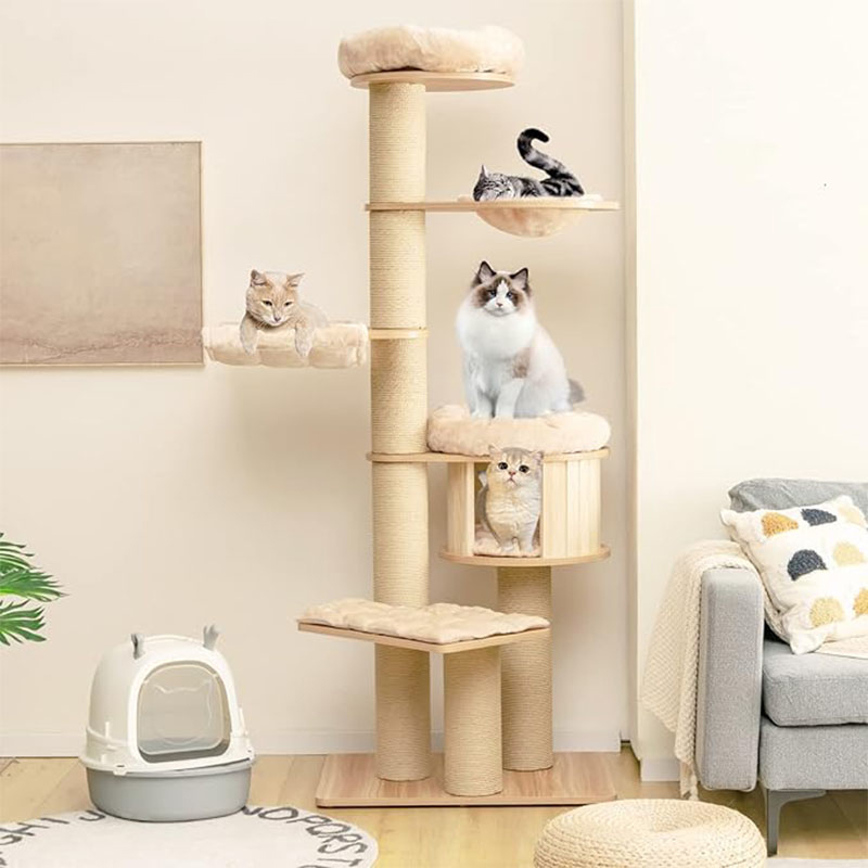 Modern High Scratch Tree, Multi-storey Climbing Tree With Wooden Cat Cabin, Seating Platform, Hammock, Basket Bed