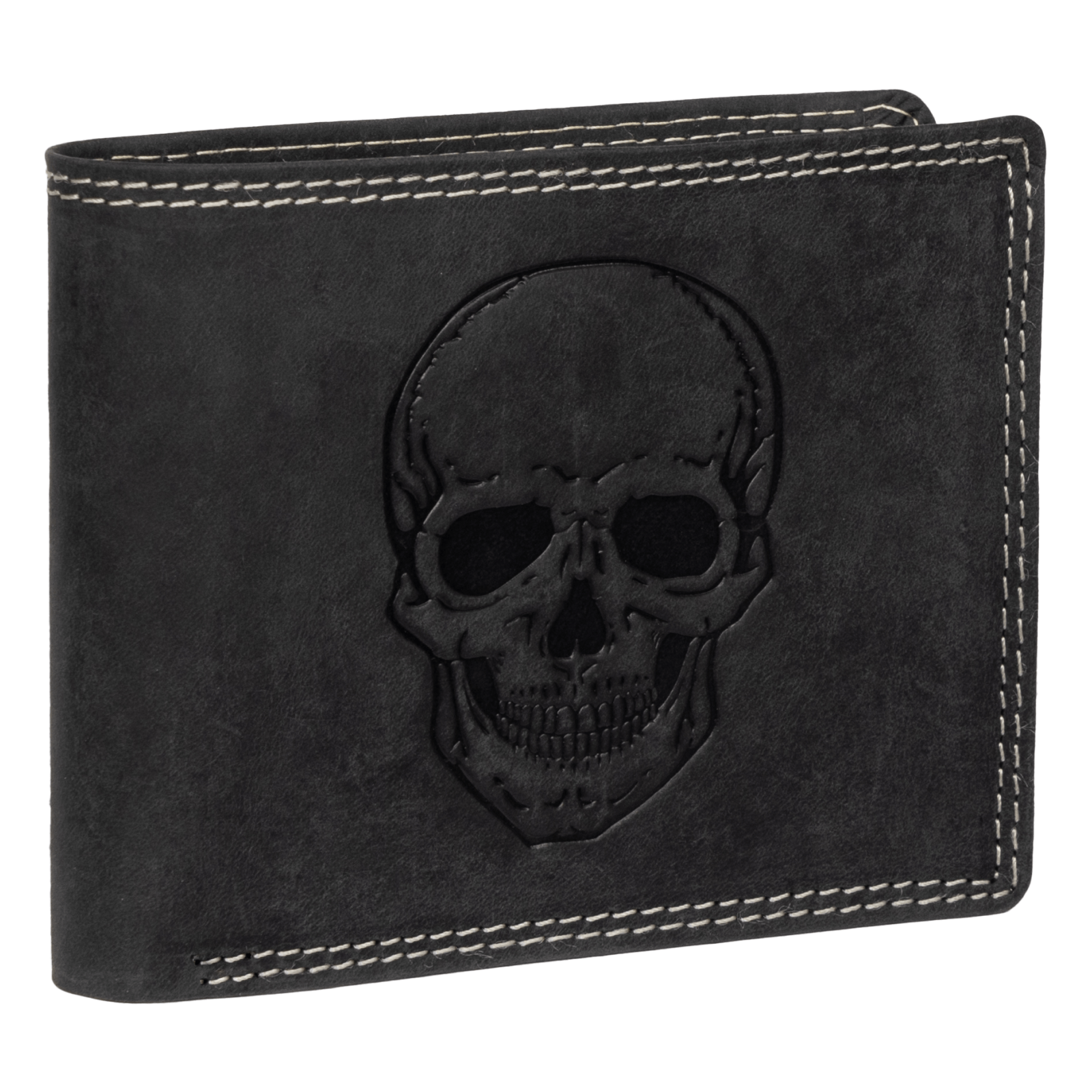 Image of Genuine Leather Men's Wallet In Landscape Format Rfid Buffalo Leather Wallet With Embossed Motif Black Skull Dimensions: 9.5 X 12 X 2 Cm ( X D)