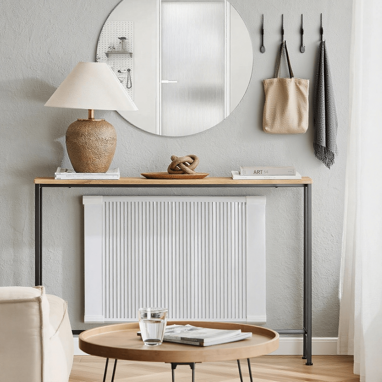 TEMU Mesa consola de 1 pieza, mesa auxiliar, mesa auxiliar de sofá, mesa de entrada con de hierro y - L120cm x A20cm x Al81cm, Natural y Negro