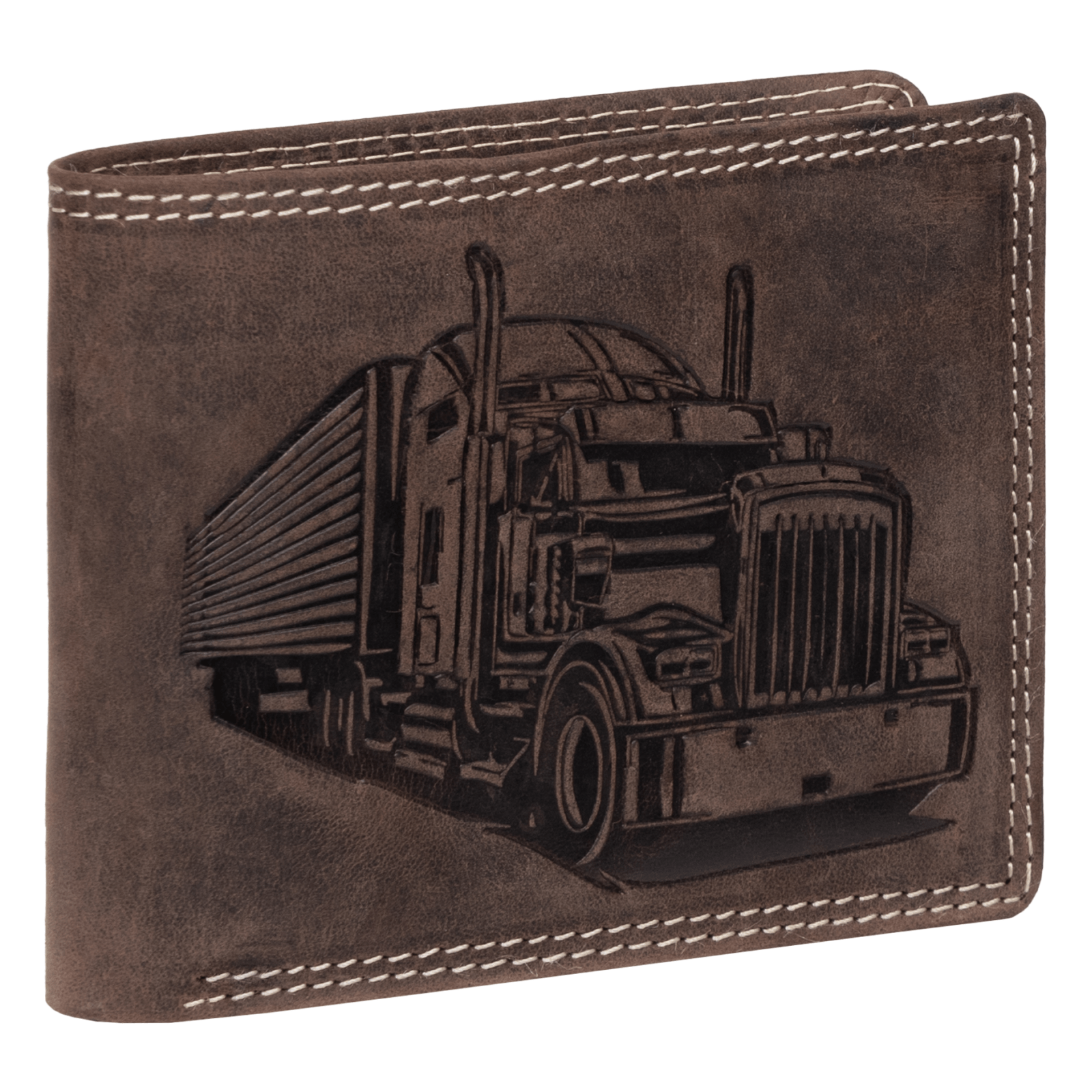 Rfid Buffalo Genuine Leather Men's Wallet With Embossed Truck/lkw Design, Brown, Landscape Format