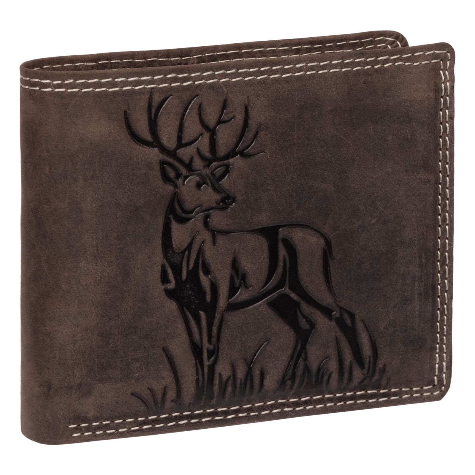 Rfid Buffalo Real Leather Men's Wallet With Embossed Motif Brown Horizontal Deer
