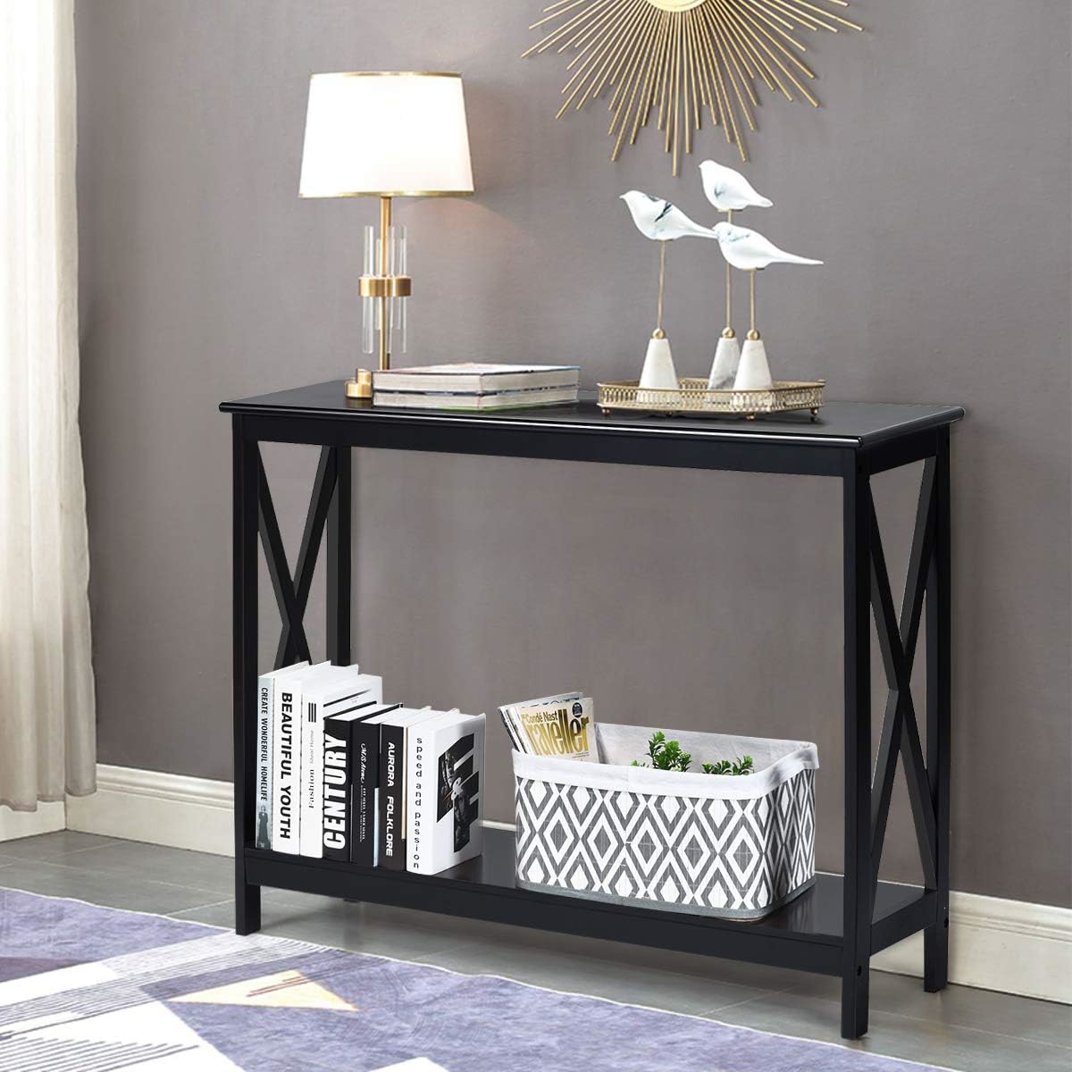 Industrial Console Table, Rustic Sofa Side Table With Storage Shelf, Bookshelf Narrow Accent Table