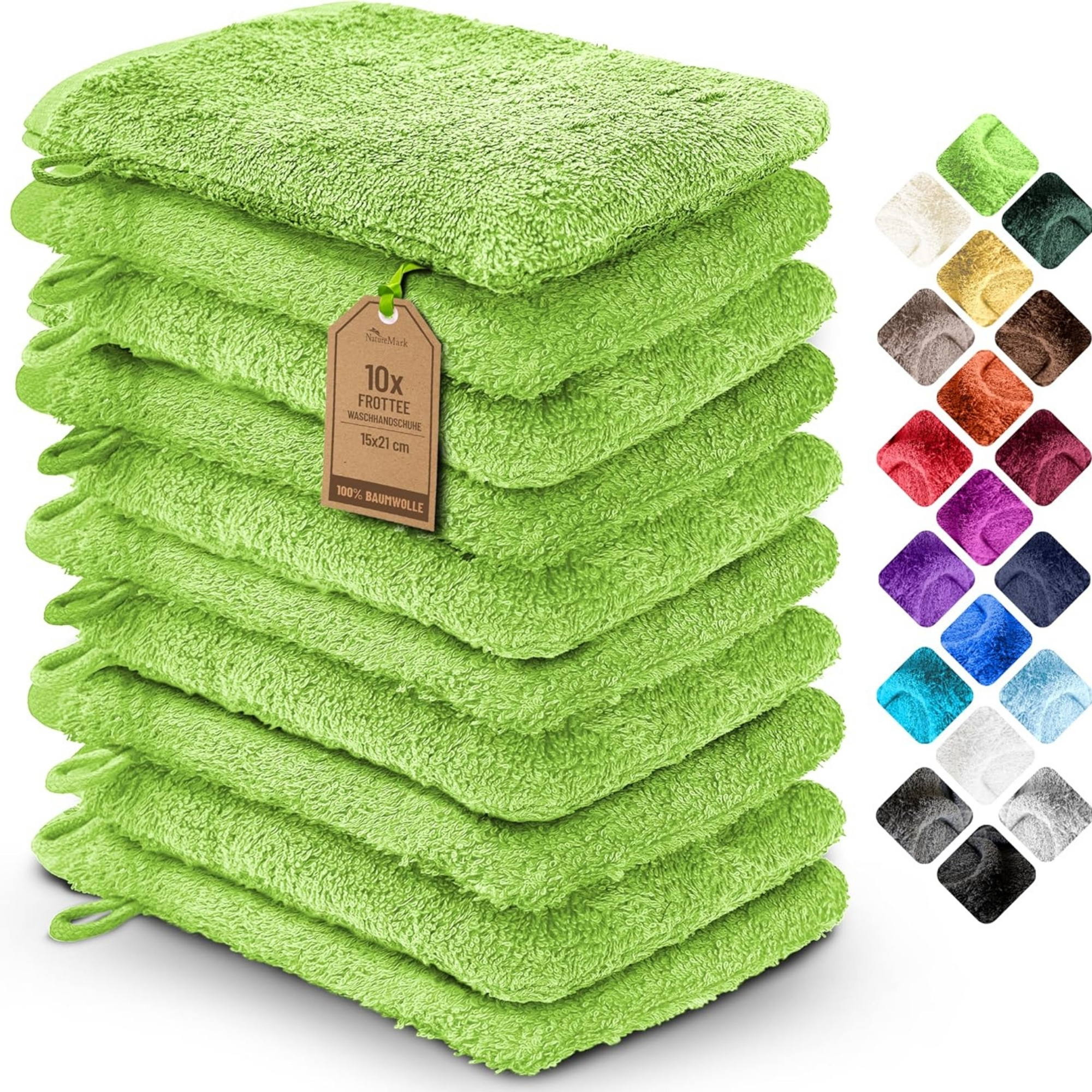 Image of Naturemark 10pcs Set Ofwash Gloves In Green With Hanging Loop, Soft And For The Skin, Matching Hand Towels, Shower Towels, Guest Towels, Sauna Towels In .