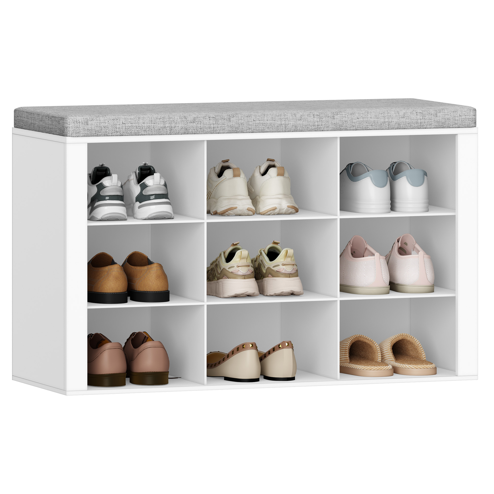 TEMU zapatero con asiento, zapatero con asiento y 9 compartimentos, de entrada con estantes regulables para salón, dormitorio, pasillo, blanco-gris
