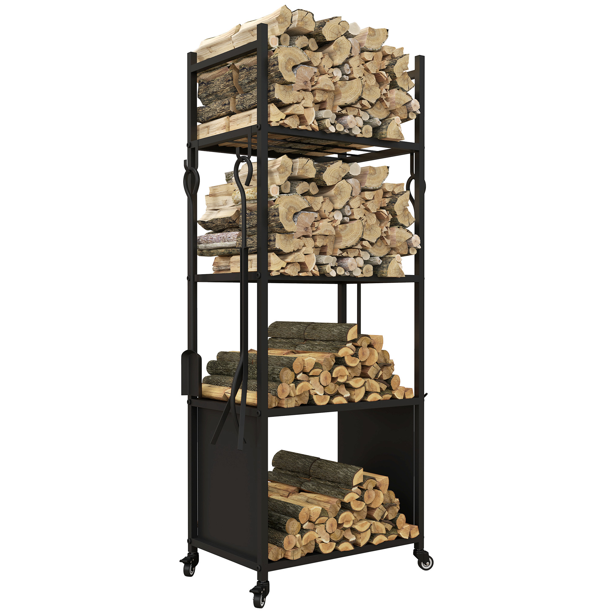 TEMU Chariot Range-Bûches Intérieur, Porte-Bûches Extérieur avec Roulettes, 4 Kits pour Cheminée, 4 Étagères, Charge 60kg, Support de Stockage de
