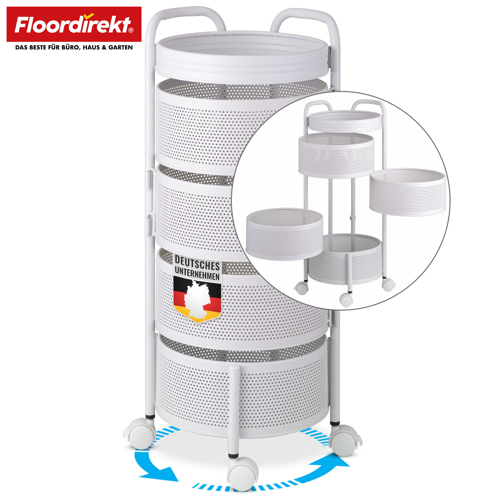 TEMU FLOORDIREKT Chariot de Cuisine Henry - Étagère Rond à Roulettes - Construction en Acier - 5 Niveaux avec Paniers Pliables - Blanc