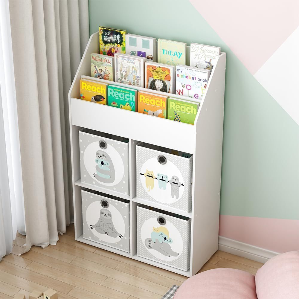 Image of Bookcase For Children's Bedroom, Wooden Structure With 4 Shelves For Foldable Boxes, Toy And Book Storage, , White, 114 X 72 X 31 Cm