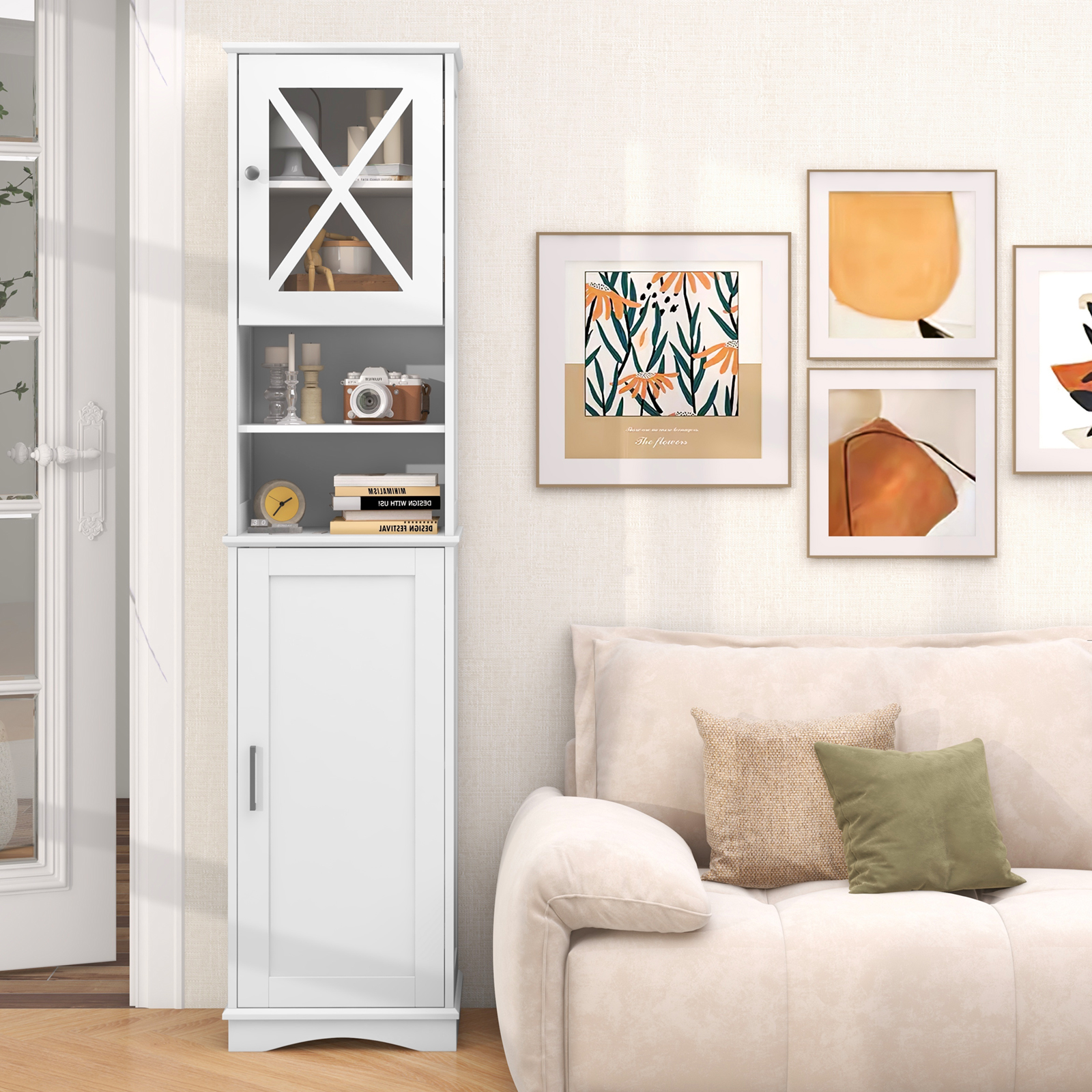 Tall Bathroom Cabinet, Floor Storage Cabinet With Acrylic Door And Adjustable Shelves, 2 Open Compartments