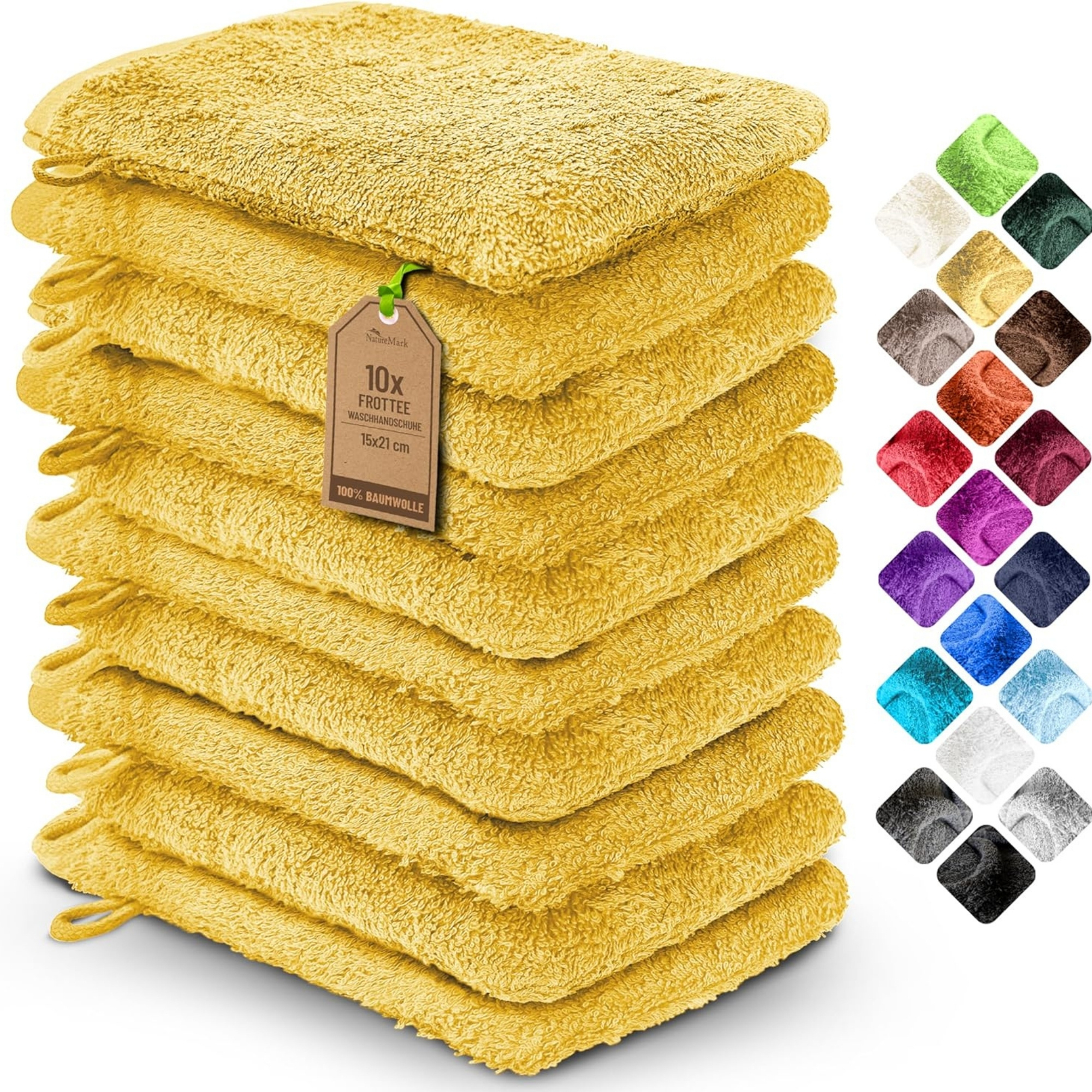 Image of Naturemark 10-piece Set Cotton Washcloths Yellow With Hanging Loop, Soft And Durable For Skin, Matching Towels, Shower Towels, Guest Towels, Sauna Towels In Store