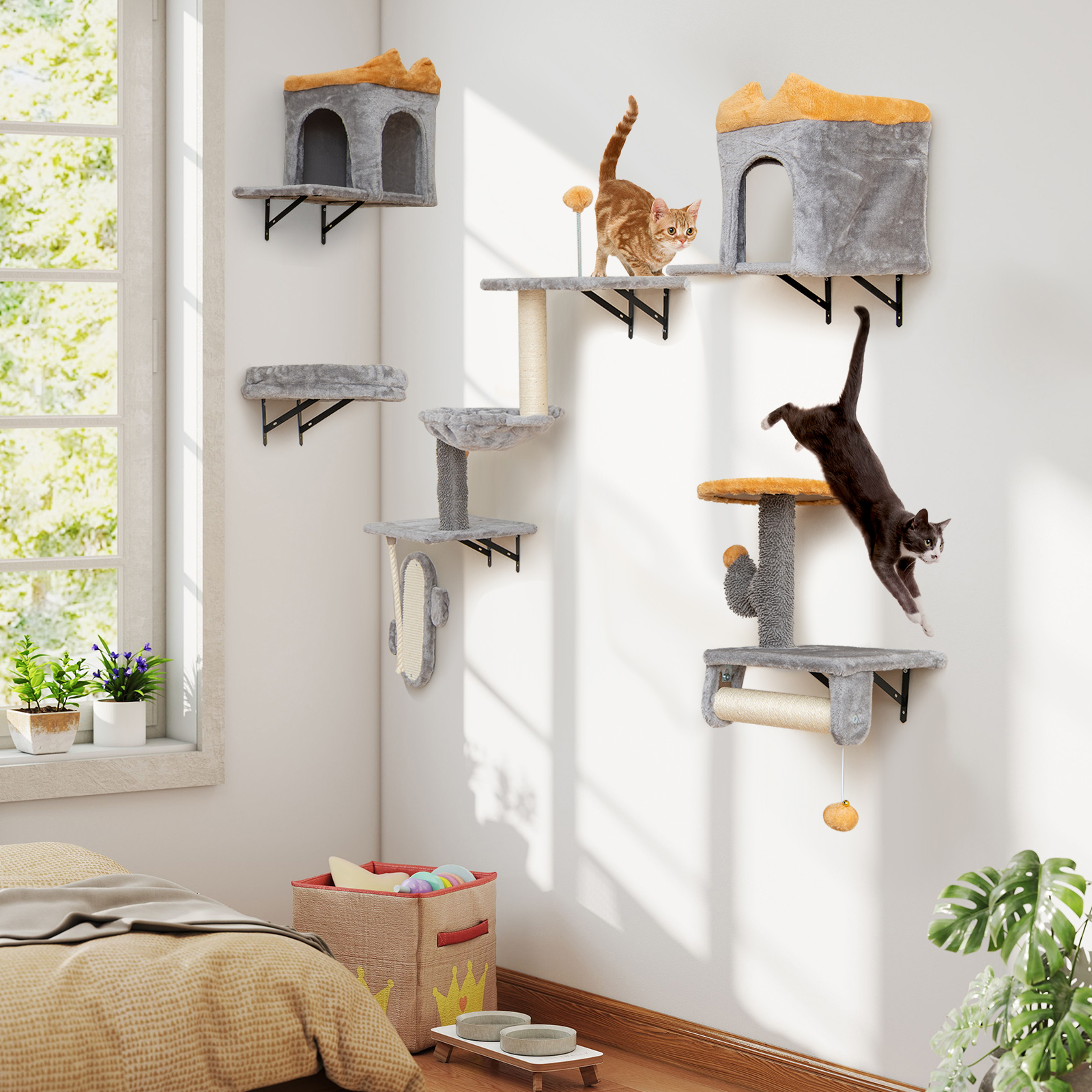 Wall-mounted Cat Tower Set, Space Cat Tree Set W/2-tier Platform, 2 Comfy Cat Condos, 1 Cat Tree, 1 Comfy Bed, 1 Scratching Board, Cat Climber Tree Activity Center For Living Room, Bedroom