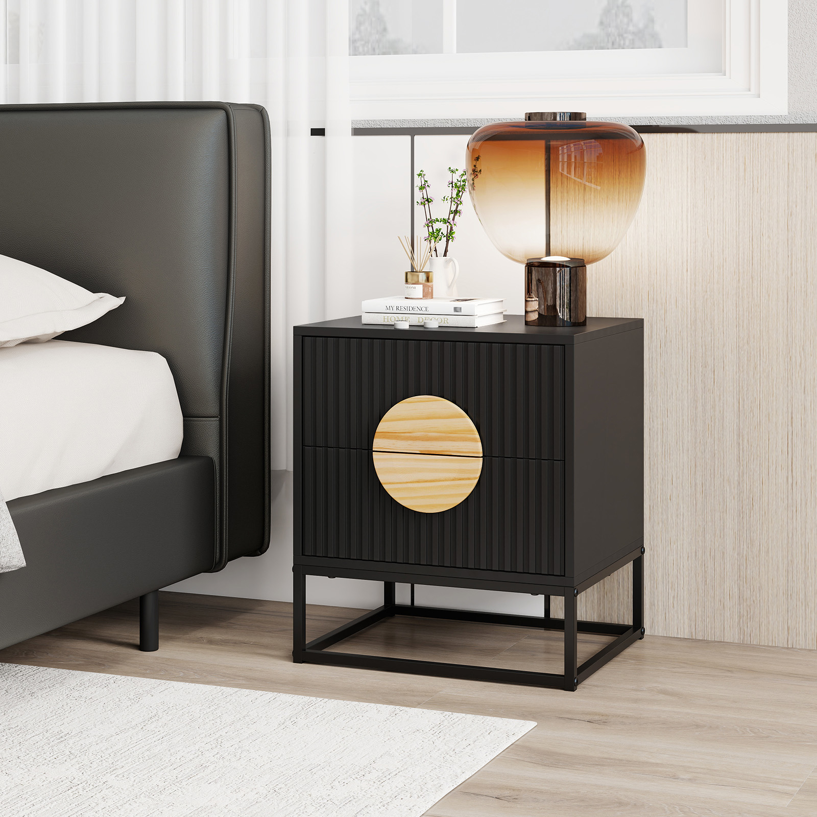 Image of Fluted Nightstand, End Table With 2 Drawers, Pine Wood Handles & Metal Frame, Modern Mid Century Side Table, Small Bedside Table For Living Room Bedroom