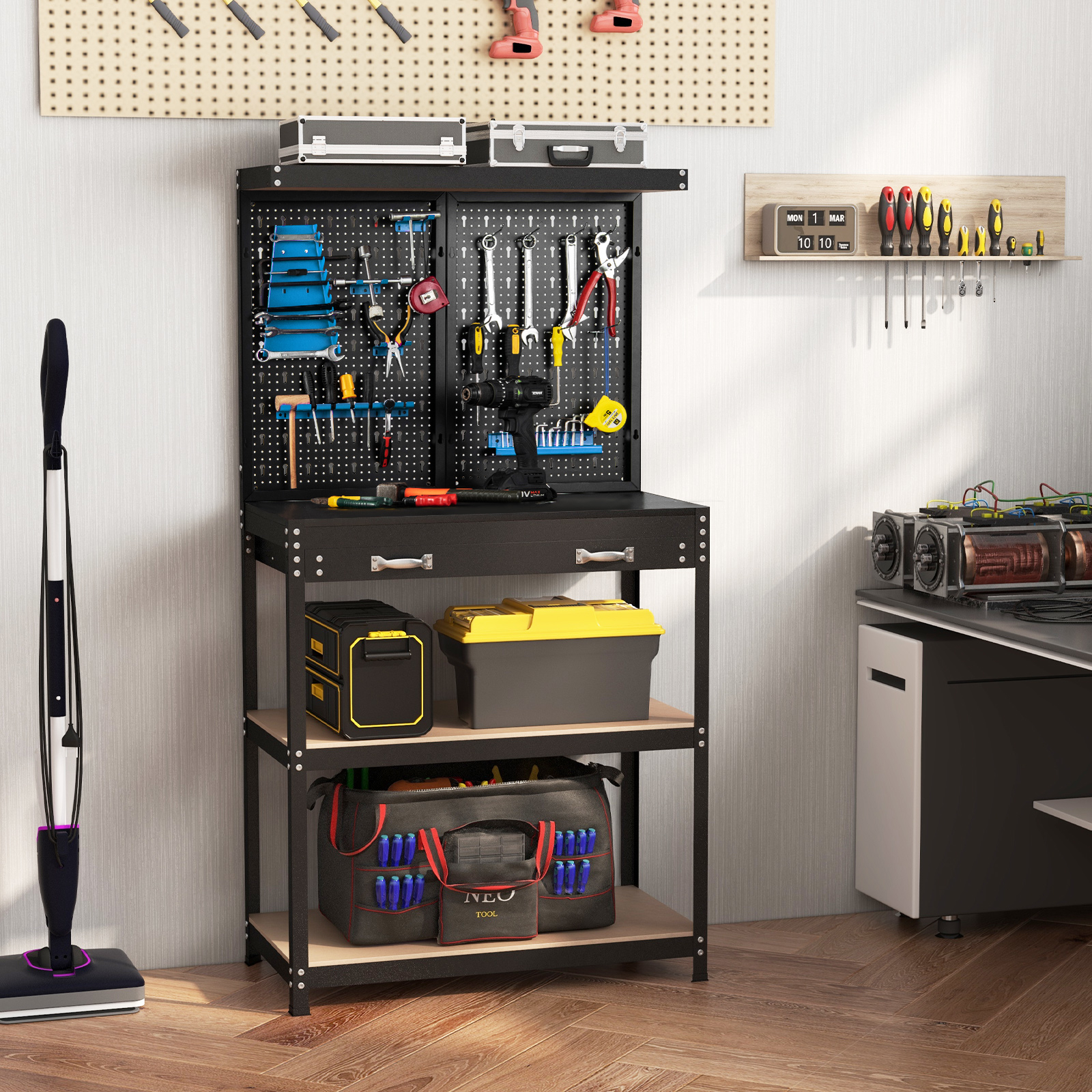 Image of Workbench W/pegboard, Multipurpose Workshop Tool Table W/ Slide Drawer, 2-tier Open Shelf, 14 Hanging Accessories, Heavy-duty Tool Bench For Garage
