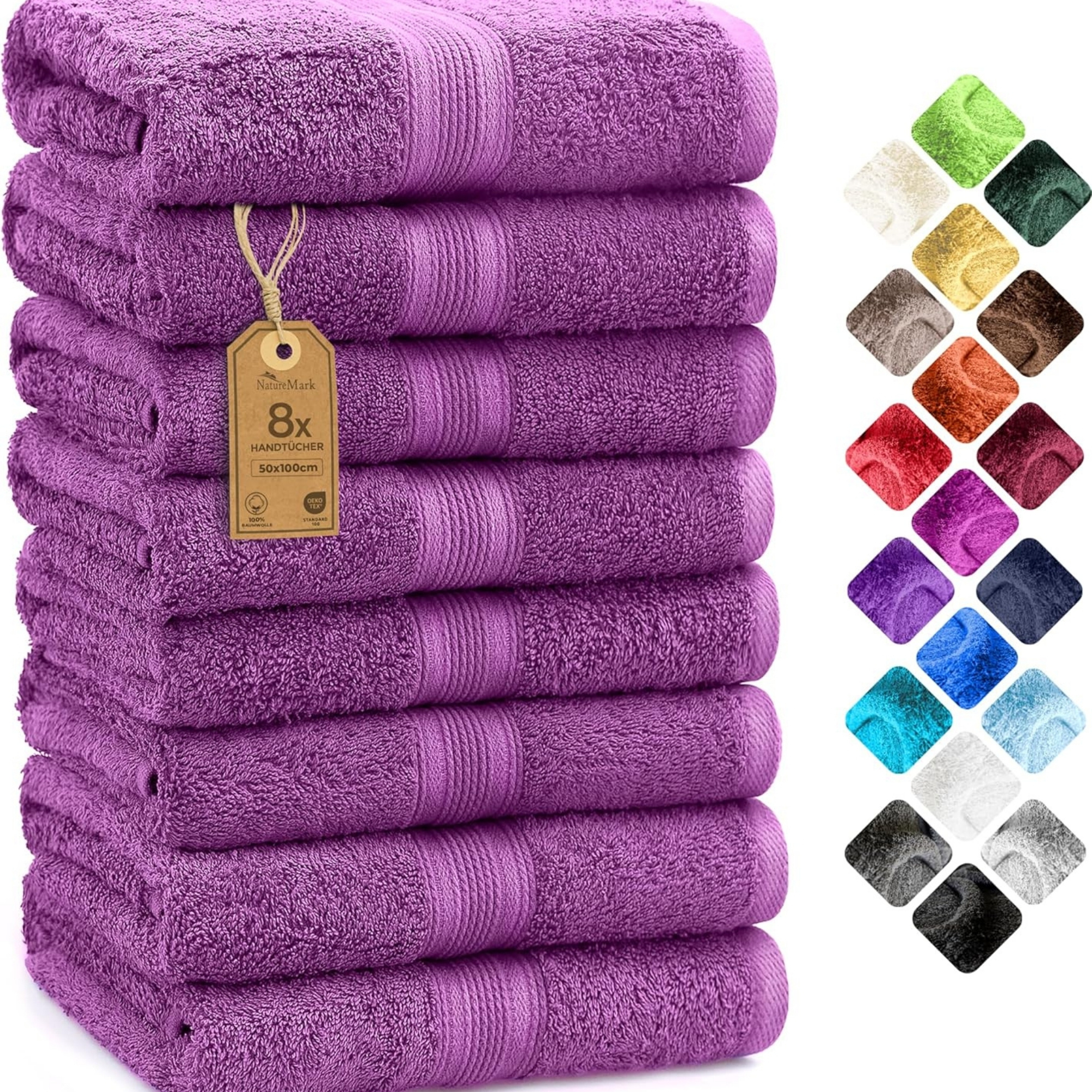 Image of Naturemark 8-piece Set Cotton Towels, Purple With Hanging Loop, Soft And Durable For The Skin, Matching Washcloths, Shower Towels, Guest Towels, Sauna Towels In