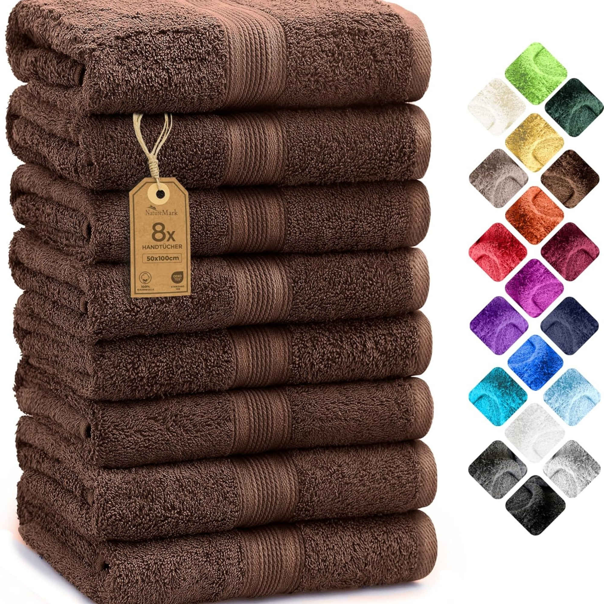 Image of Naturemark 8-piece Set Cotton Towels In Chocolate Brown With Hanging Loop, Soft And Durable For The Skin, Matching Washcloths, Shower Towels, Guest Towels, Sauna Towels In