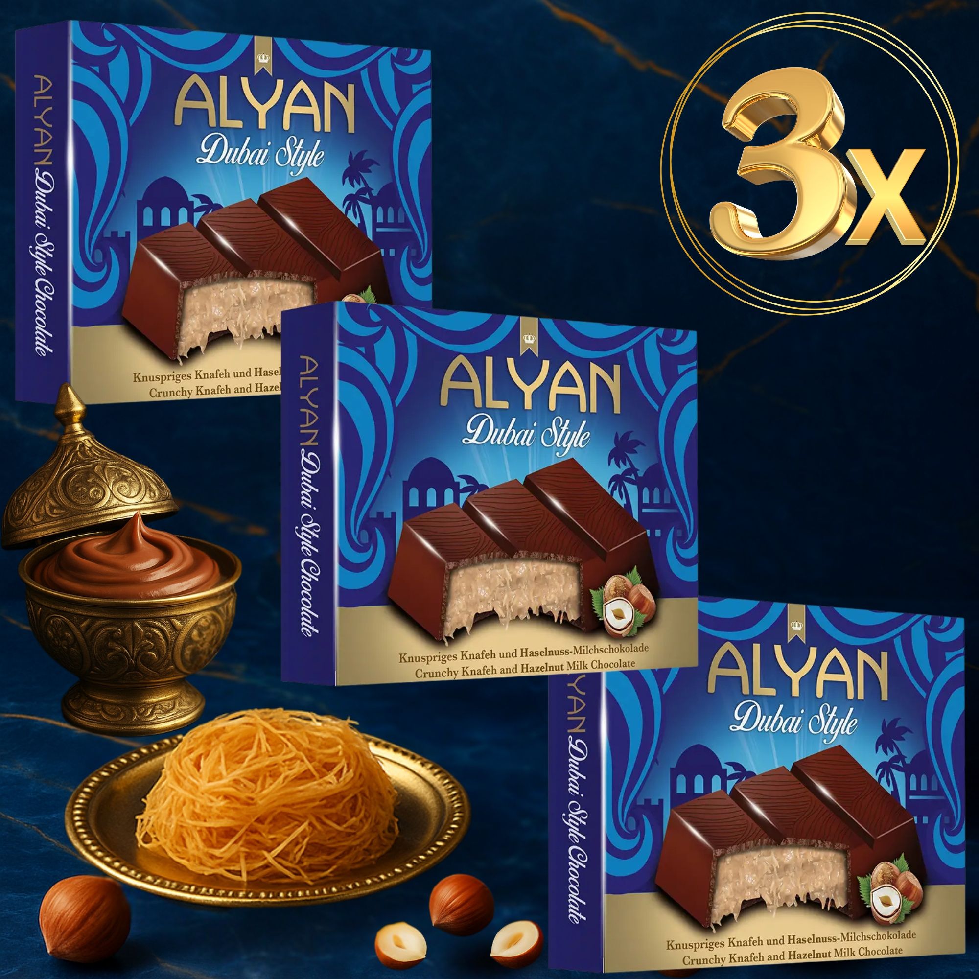 E-shop ALYAN - HASELNUSS Dubai Style - Milchschokolade gefüllt mit knuspriger Kunafa und Haselnuss Creme