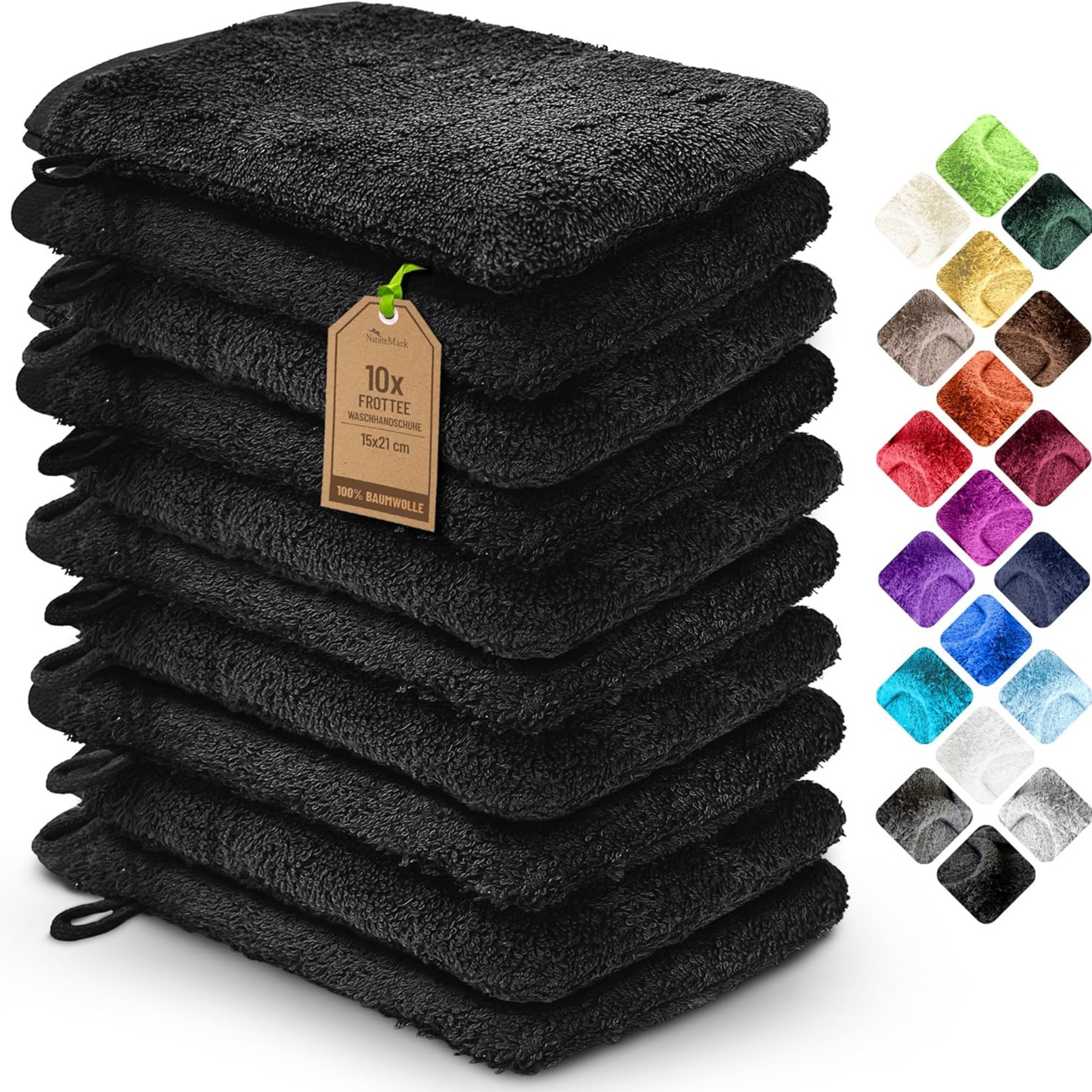 Image of Naturemark 10-piece Set Cotton Washcloths Black With Hanging Loop, Soft And Durable For Skin, Matching Towels, Shower Towels, Guest Towels, Sauna Towels In