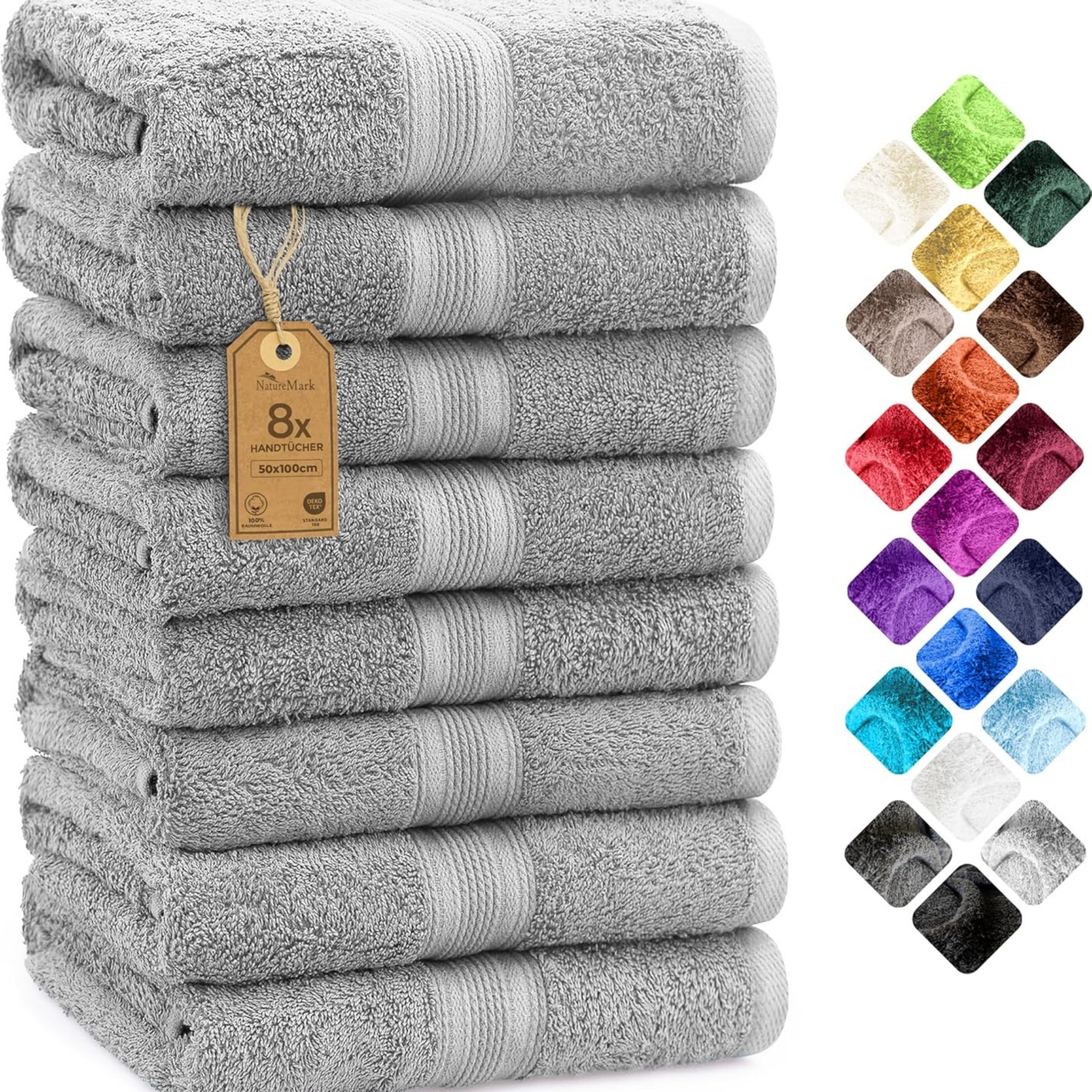 Image of Naturemark 8-piece Set Cotton Towels Silver With Hanging Loop, Soft And Durable For The Skin, Matching Washcloths, Shower Towels, Guest Towels, Sauna Towels In Store