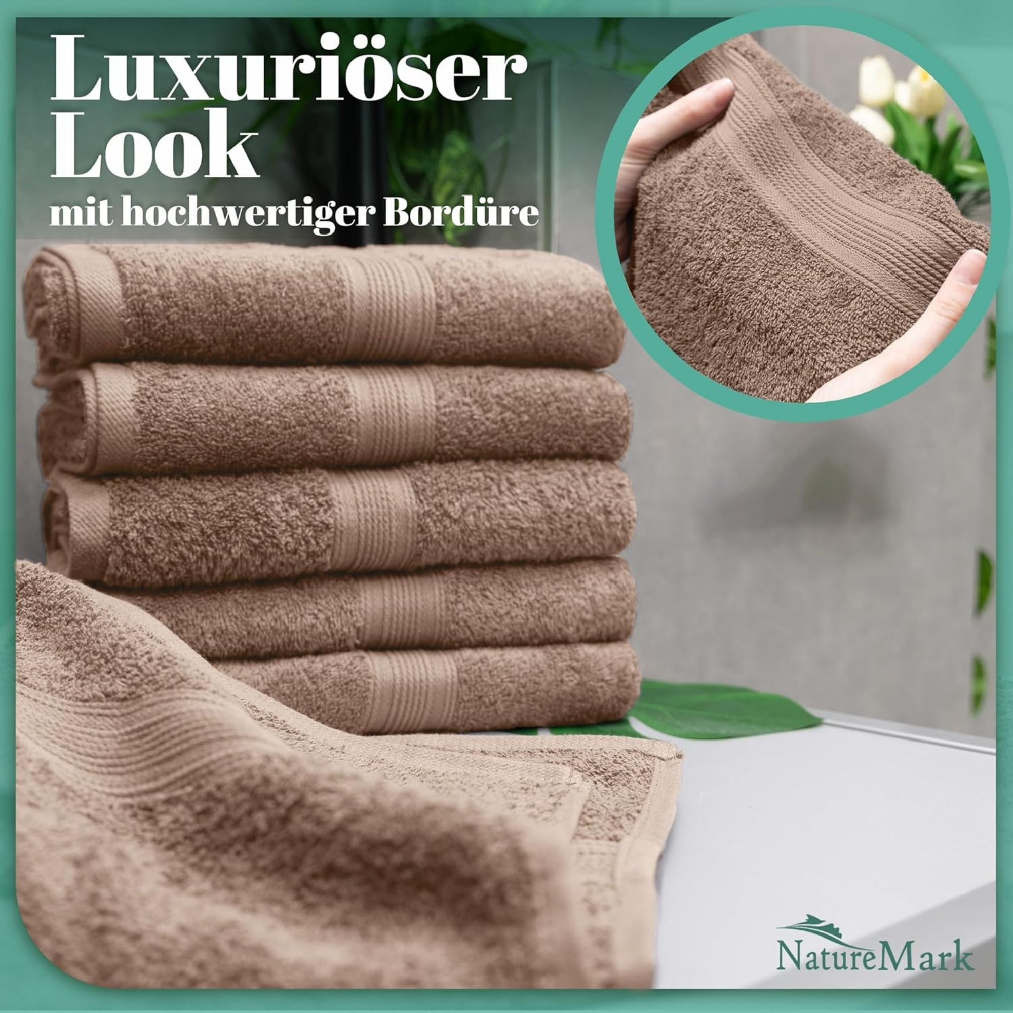 Image of Naturemark 8-piece Set Cotton Towels Sand With Hanging Loop, Soft And Durable For Skin, Includes Matching Washcloths, Shower Towels, Guest Towels, And Sauna Towels In