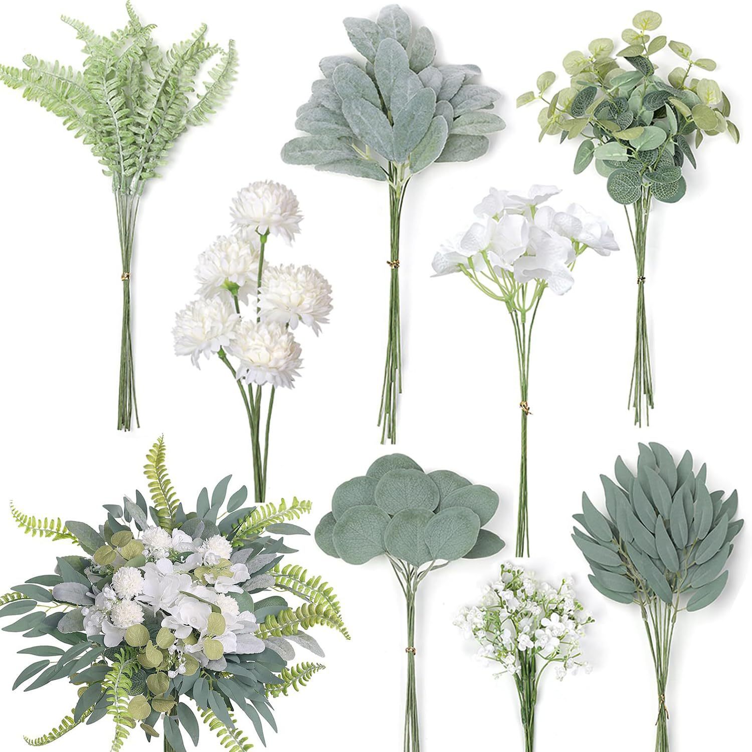 E-shop Packung mit 65 künstlichen Zweigen & künstlichen Blumen, künstliche Blumen wie echt, weiße Blumen und Blätter, dekorative künstliche Zweige,