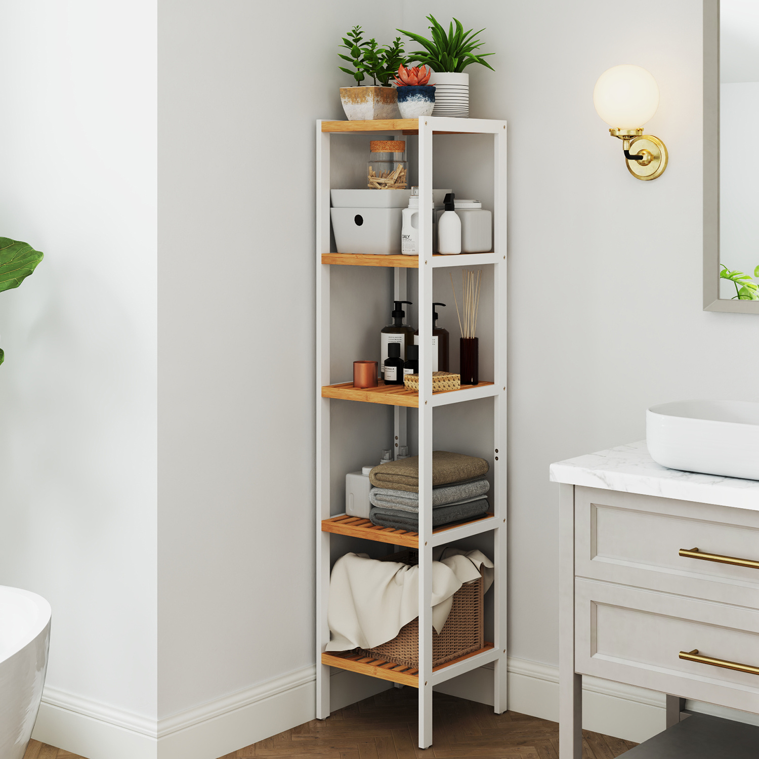 TEMU 5-tier Bathroom Shelf, Narrow Floor Shelf, Multifunctional Storage Shelf, Bamboo Shelf, Bathroom, White And