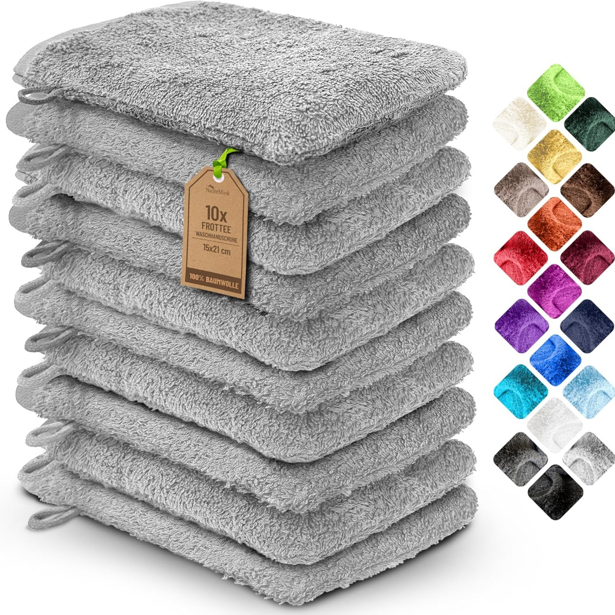 Image of Naturemark 10pcs Set Ofwash Gloves Silvery With Hanging Loop Bathroom Soft And For The Skin, Matching Hand Towels Shower Towels Guest Towels Sauna Towels In
