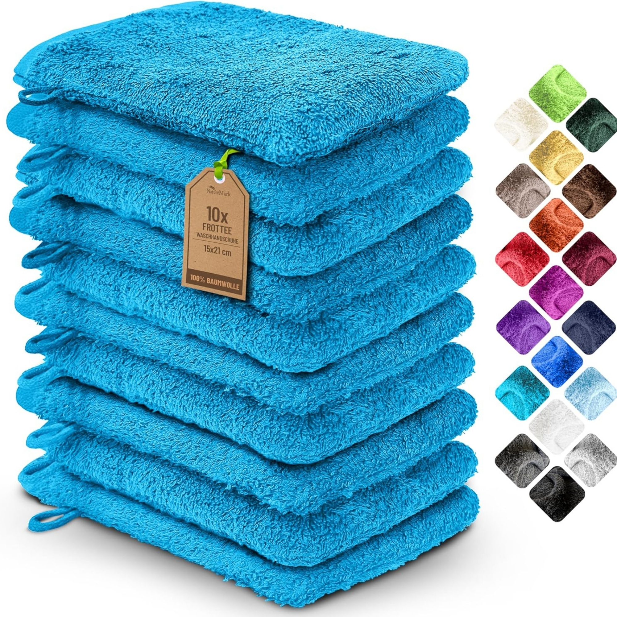 Image of Naturemark 10-piece Set Cotton Washcloths Turquoise With Hanging Loop, Soft And Durable For Skin, Matching Towels, Shower Towels, Guest Towels, Sauna Towels In Store
