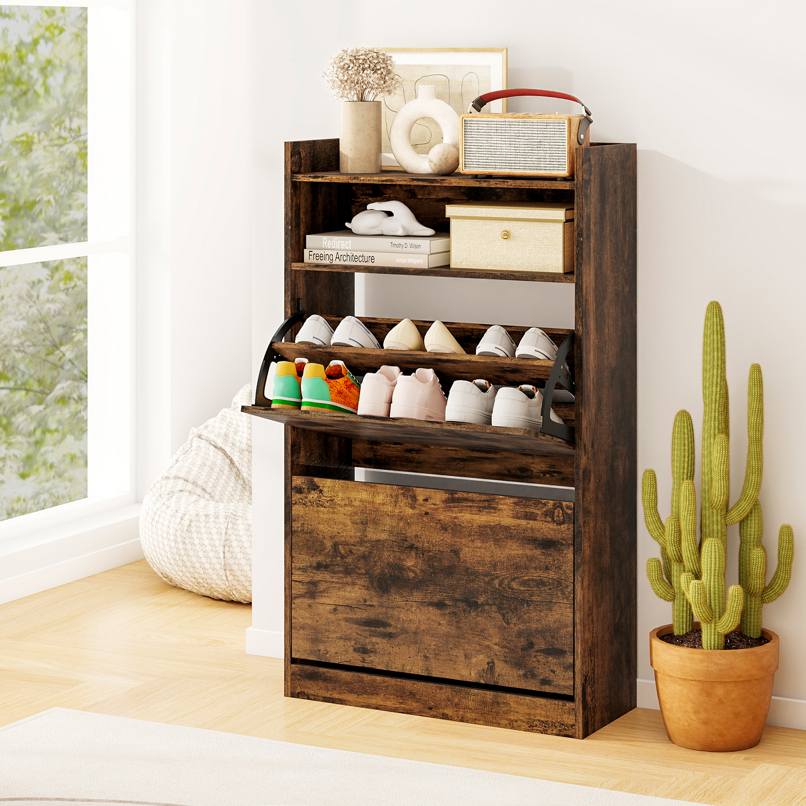 Shoe Furniture With 2 Discountable Drawers, Independent Shoe Rack With Open Compartment, Adjustable And Removable Shelves