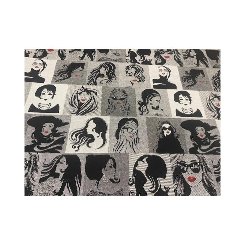 Canvas Fabric Models, Jacquard, 100% Polyester, Black And White, Checkered With Faces/, Decoration, Upholstery, Bags