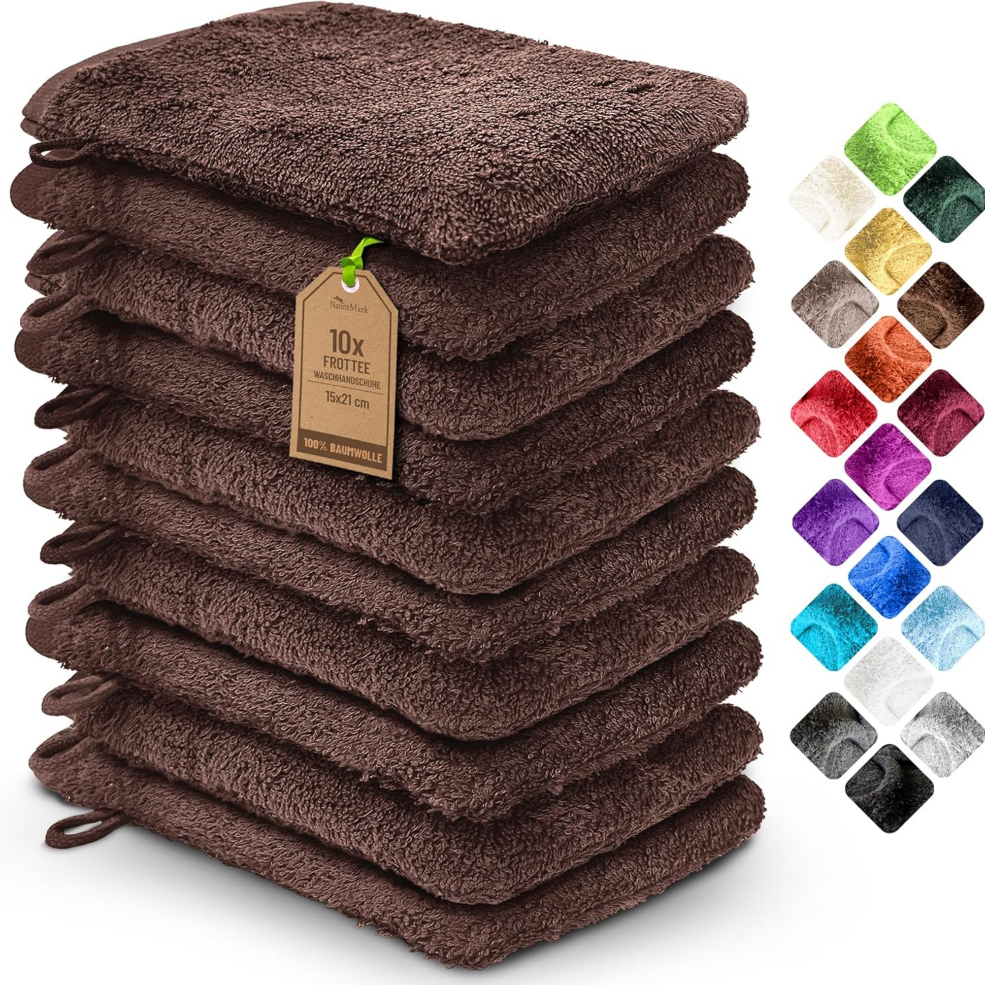 Image of Naturemark 10-piece Set Cotton Washcloths In Chocolate Brown With Hanging Loop, Soft And Durable For The Skin, Matching Towels, Shower Towels, Guest Towels, Sauna Towels In