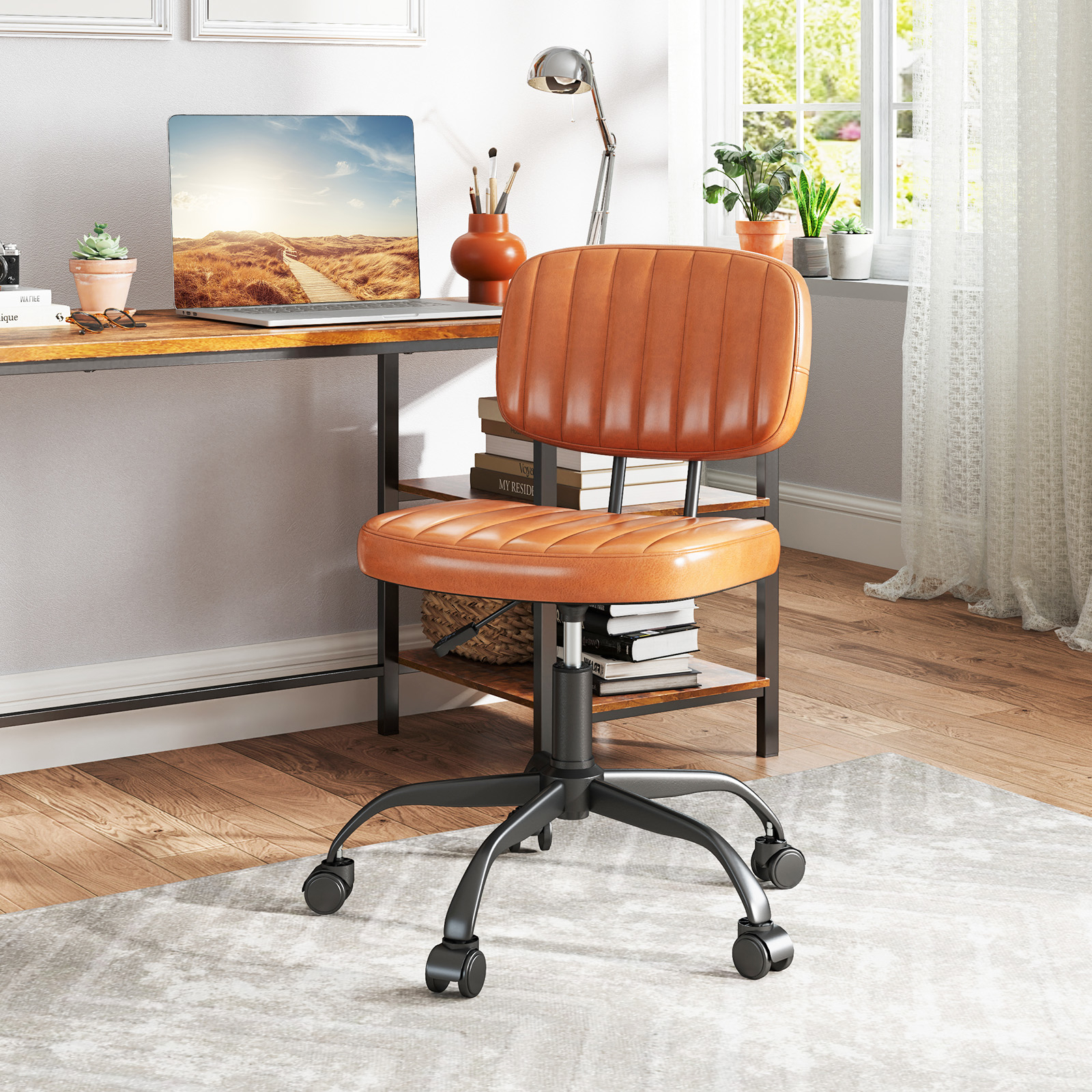 Image of Home Office Chair, Small Armless Desk Chair With Wheels & Lumbar Support, Height Adjustable Computer Chair, Comfy Pu Leather Task Chair, Boho Desk Chair For Small Spaces, Brown