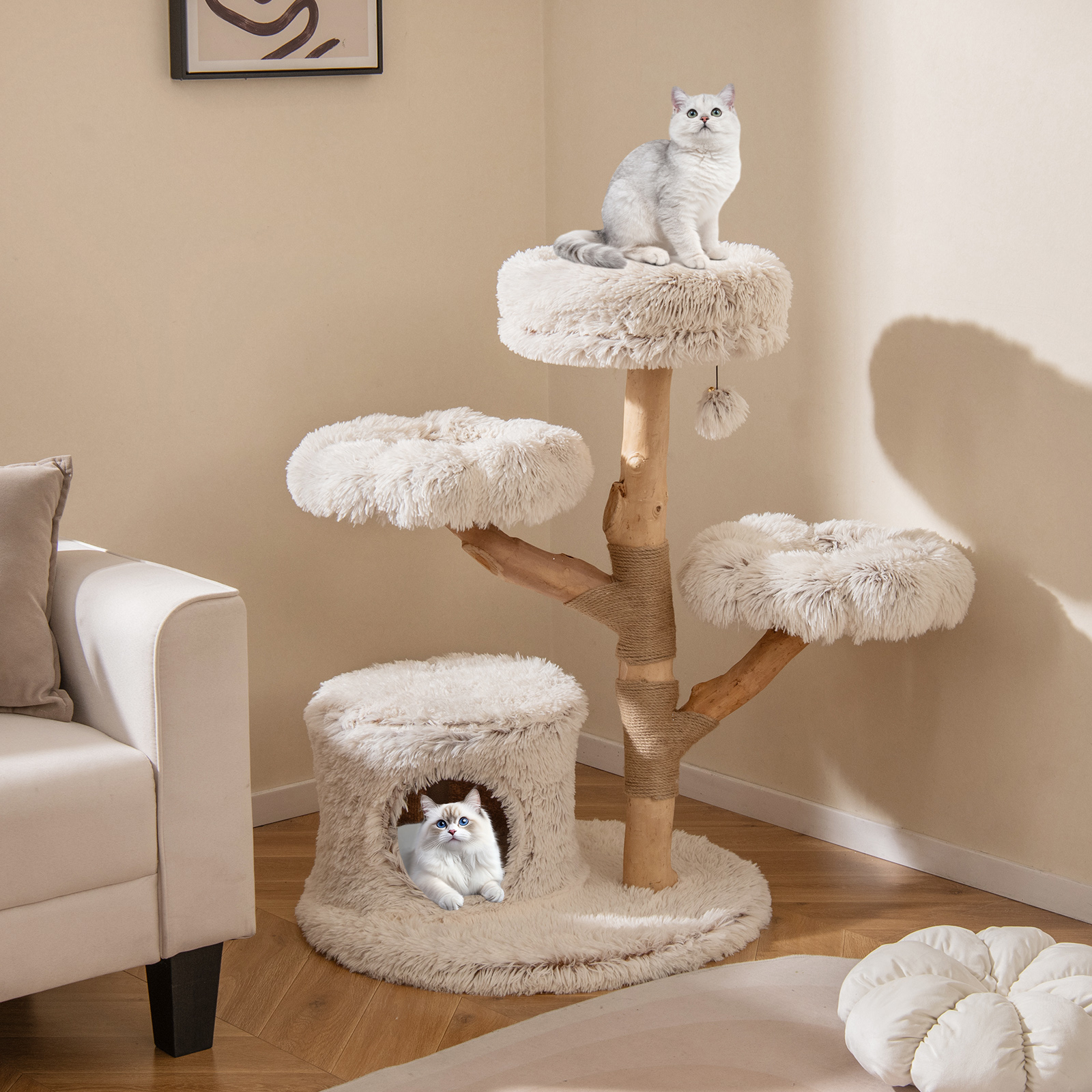 Modern Cat Tree, 102 Cm Tall Branch Kitten Tower W/ Condo, 2 Flower Platforms, Perch, Natural Jute Scratching Post, Dangling Ball, Multi-level Indoor Kitten & Cat