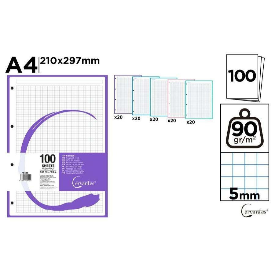 TEMU Bloc de recambio, 100 hojas cuadriculadas 5x5 mm, Papel 90 g/m², Recambio hojas A4 perforadas para carpeta de anillas o archivadores, Material