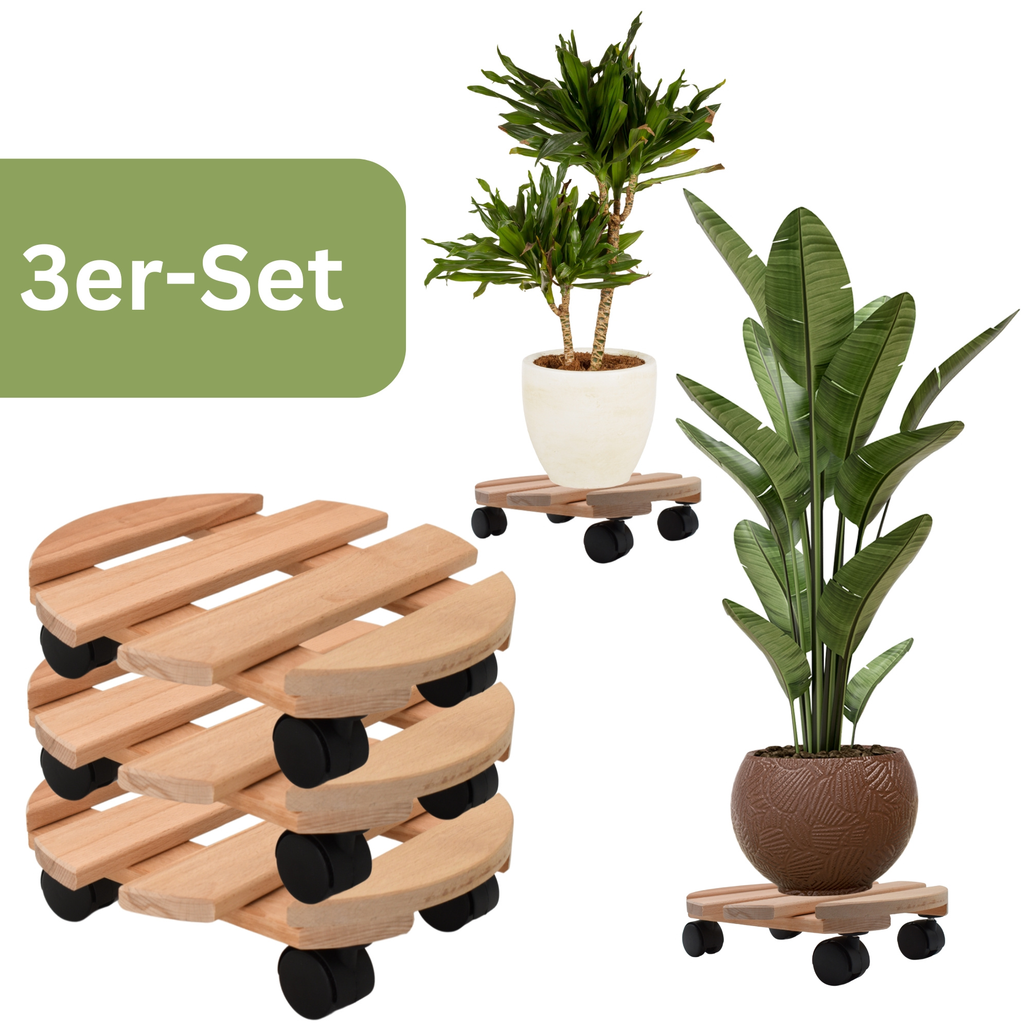 Round Plant Roller Set Of 3, Wood Rolling Board With Coaster, 30 Cm To 120 Kg Capacity, Transport Roller For Plants