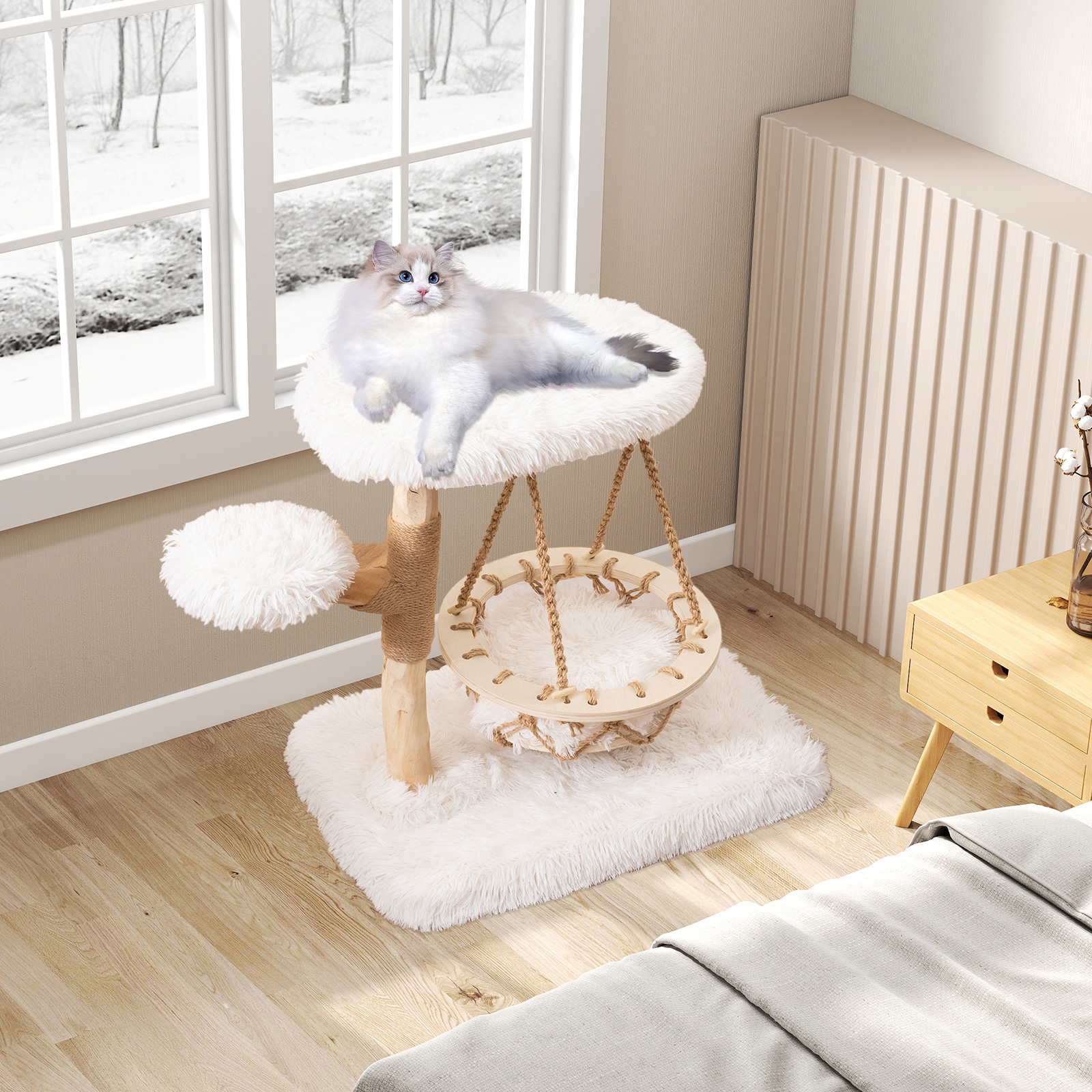 Image of Cute Solid Wood Cat Tree, Natural Branch Modern Kitten Tower W/ Hanging Cradle, Jute Scratching Post, Perch, Padded Platform, Soft Plush, 66 Condo, 4-tier Indoor Cat
