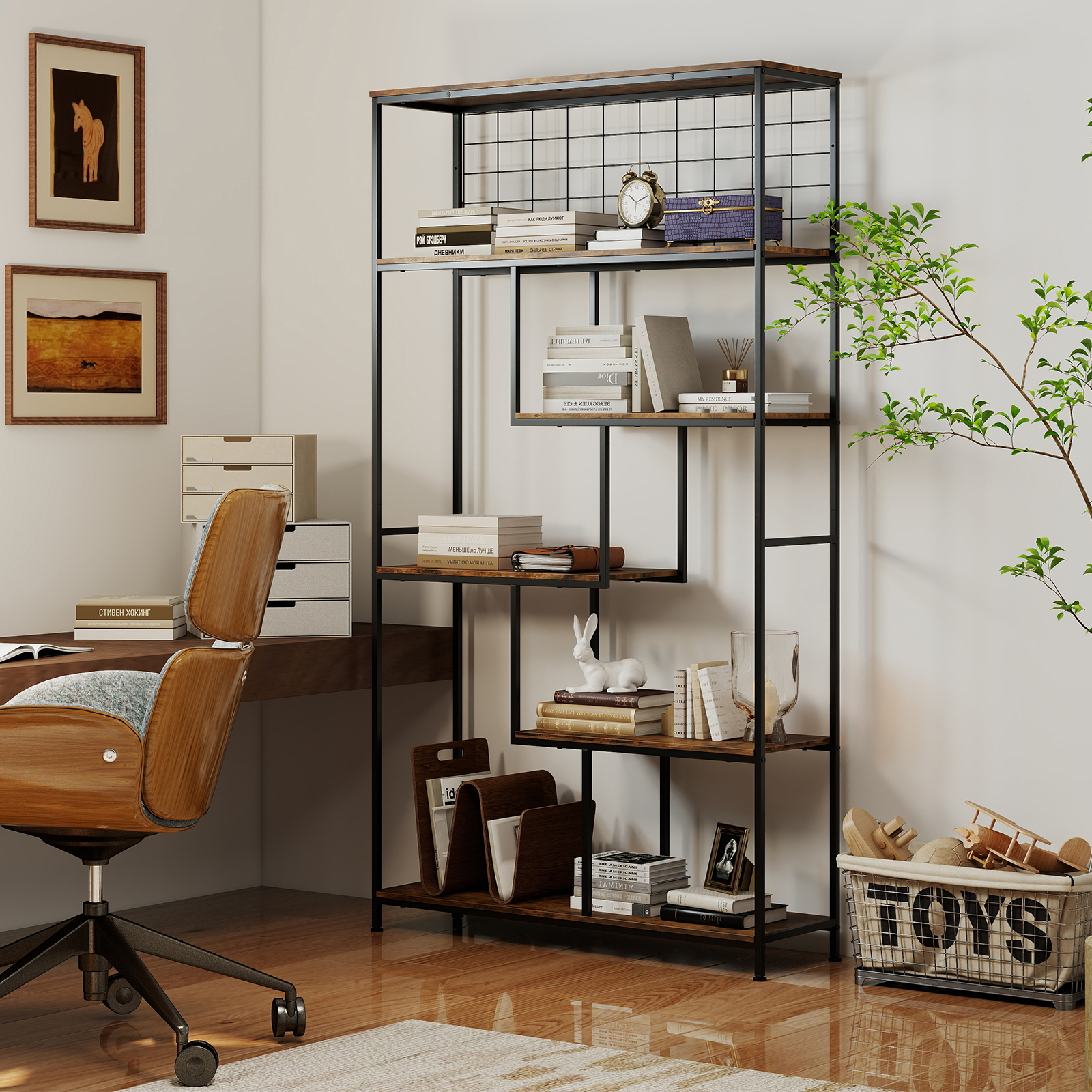 Image of 6-tier Tall Bookshelf, Industrial Freestanding Plant Stand With Metal Net, Indoor Geometric Bookcase, Display Rack Storage Organizer For Living Room, Home, Office, Bedroom